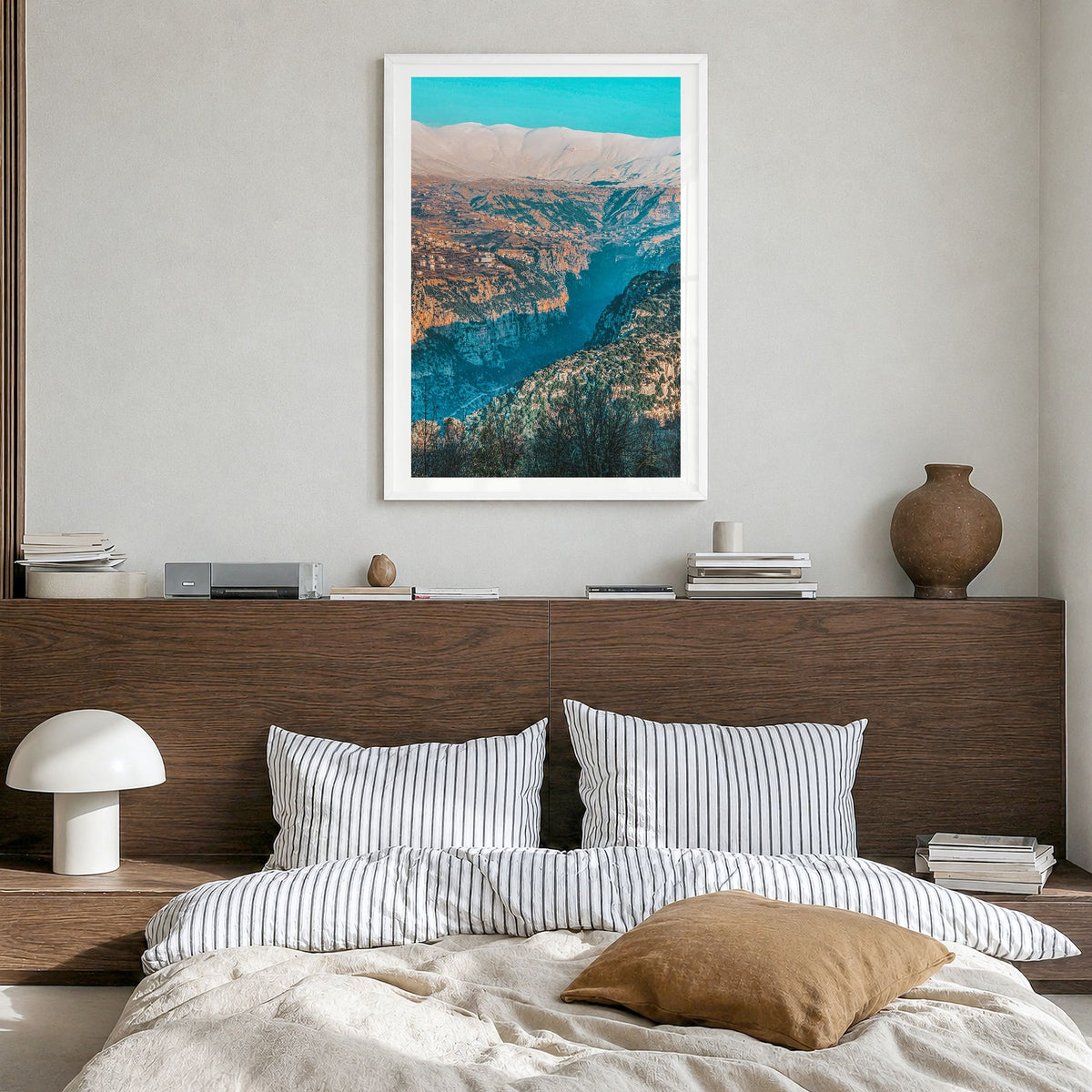 Lebanon Photo Poster in a white wood frame, hanging in a bedroom, white border