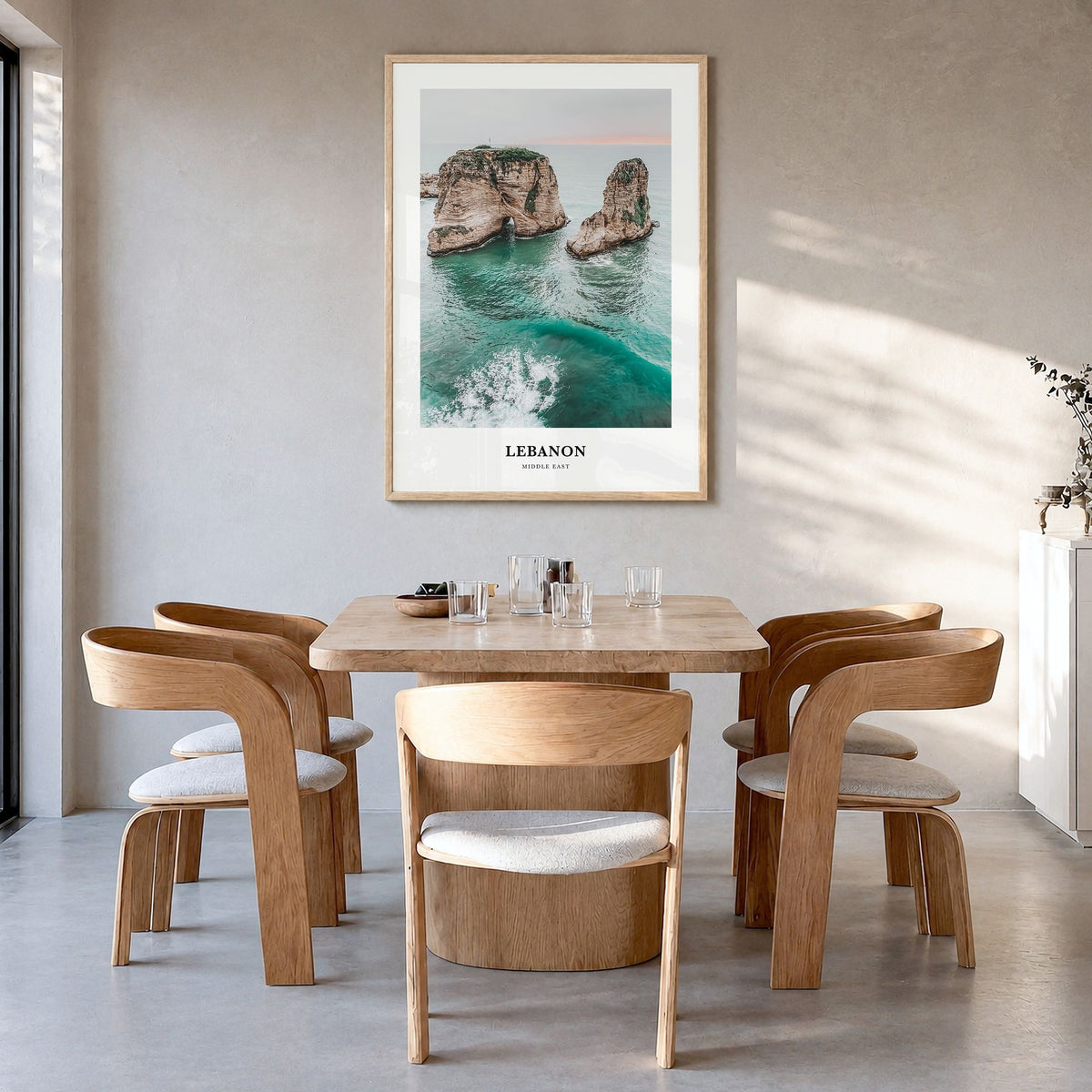 Lebanon Classic Poster in a natural wood frame, hanging in a dining room