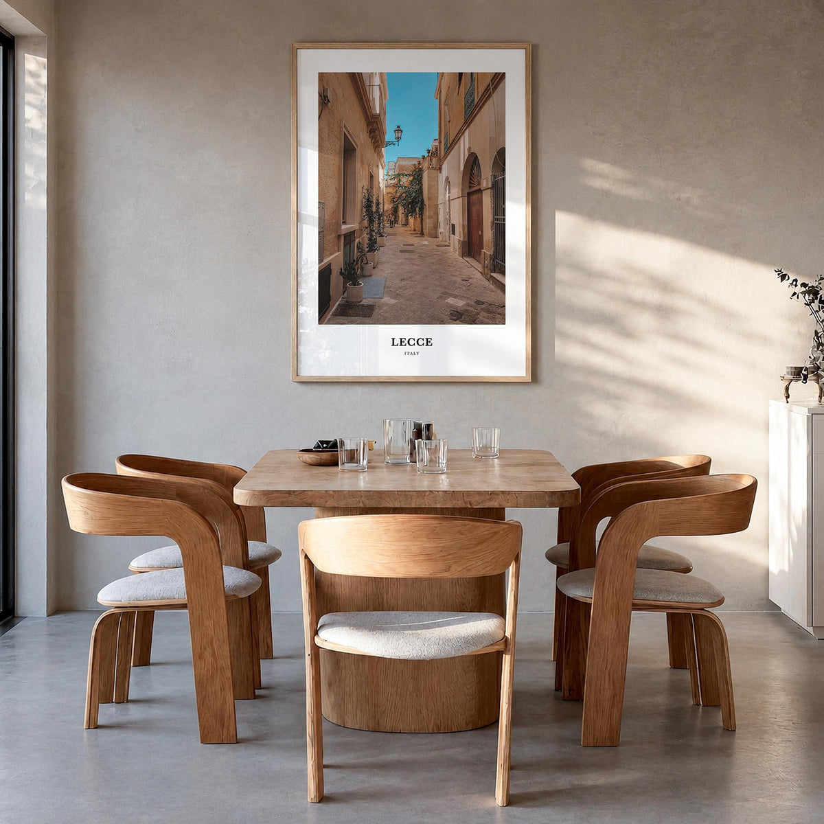 Lecce colorful classic poster of Italy – vertical wall art in natural wood frame, hanging on wall