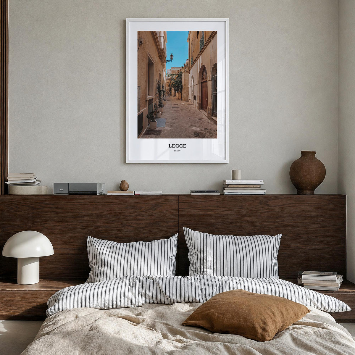 Lecce colorful classic poster of Italy – vertical wall art in white wood frame, hanging on wall