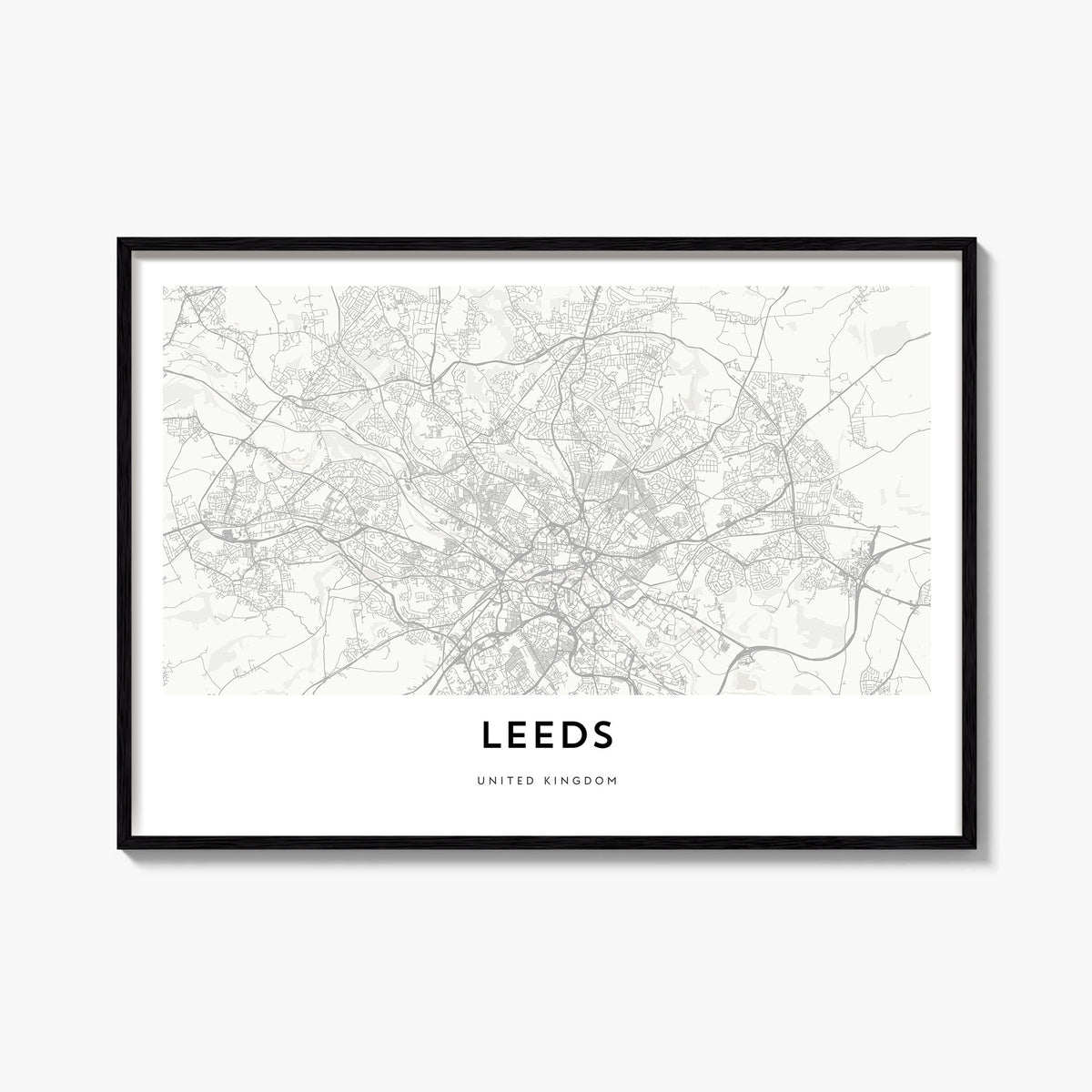 Leeds black & white map poster of England, UK – horizontal wall art, unframed print shown in interior mockup