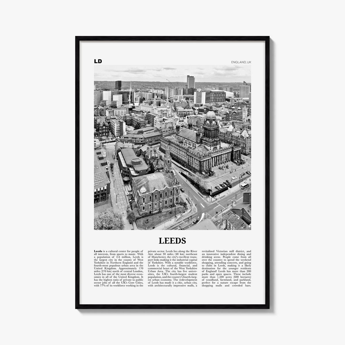 Leeds black & white newspaper poster of England, UK – vertical wall art, unframed print shown in interior mockup