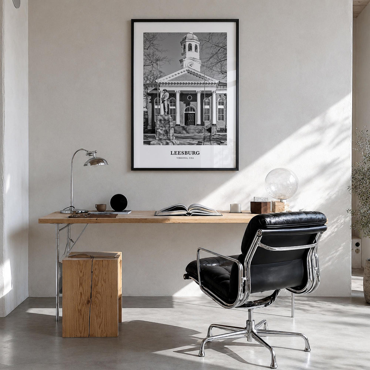Leesburg black & white classic poster of Virginia, USA – vertical wall art in black wood frame, hanging on wall