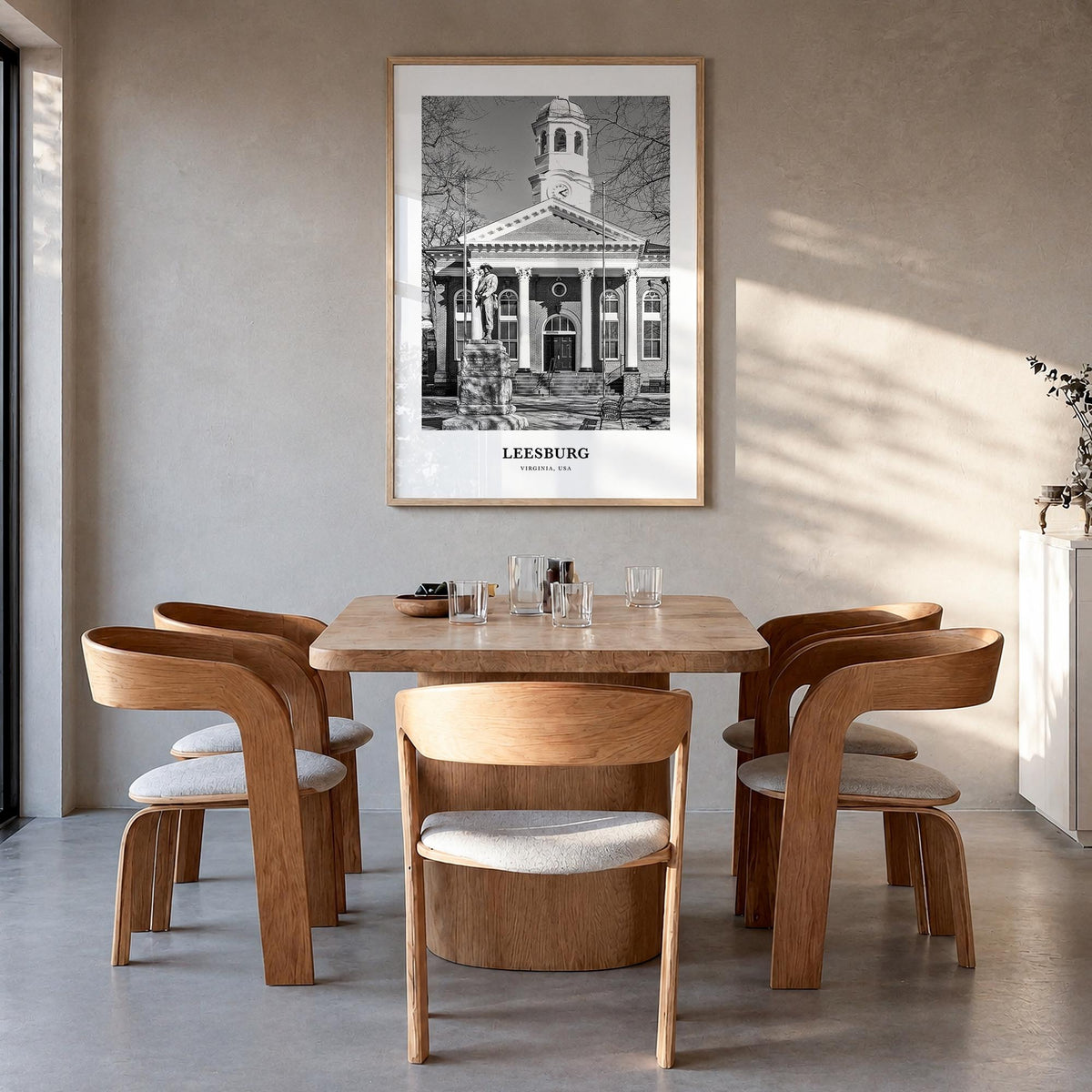 Leesburg black & white classic poster of Virginia, USA – vertical wall art in natural wood frame, hanging on wall