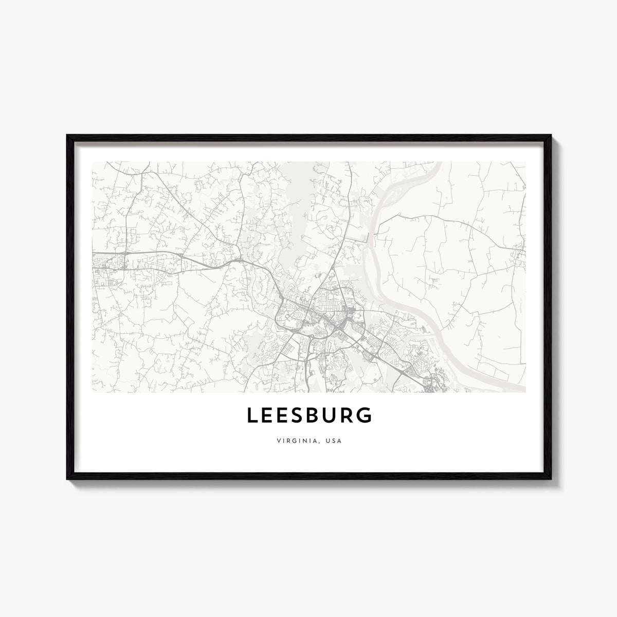 Leesburg black & white map poster of Virginia, USA – horizontal wall art, unframed print shown in interior mockup