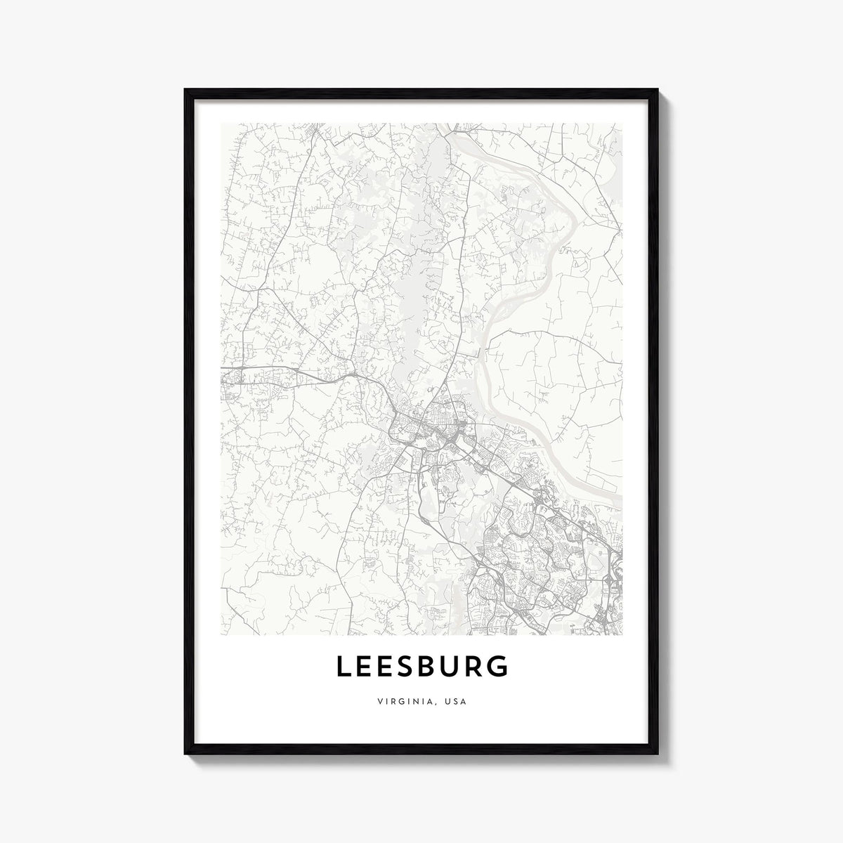 Leesburg black & white map poster of Virginia, USA – vertical wall art, unframed print shown in interior mockup
