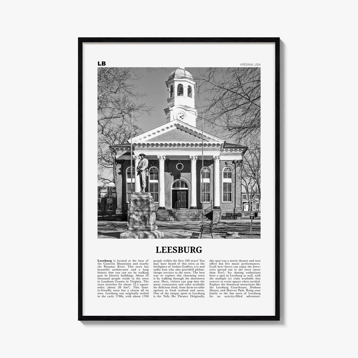 Leesburg black & white newspaper poster of Virginia, USA – vertical wall art, unframed print shown in interior mockup