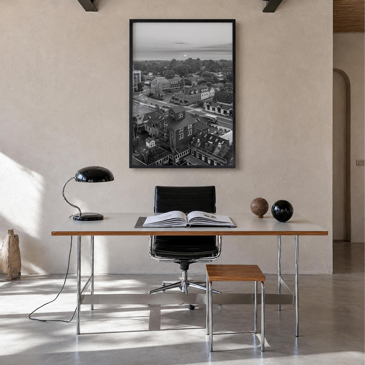 Leesburg black & white photo poster of Virginia, USA – vertical wall art in black wood frame, hanging on wall