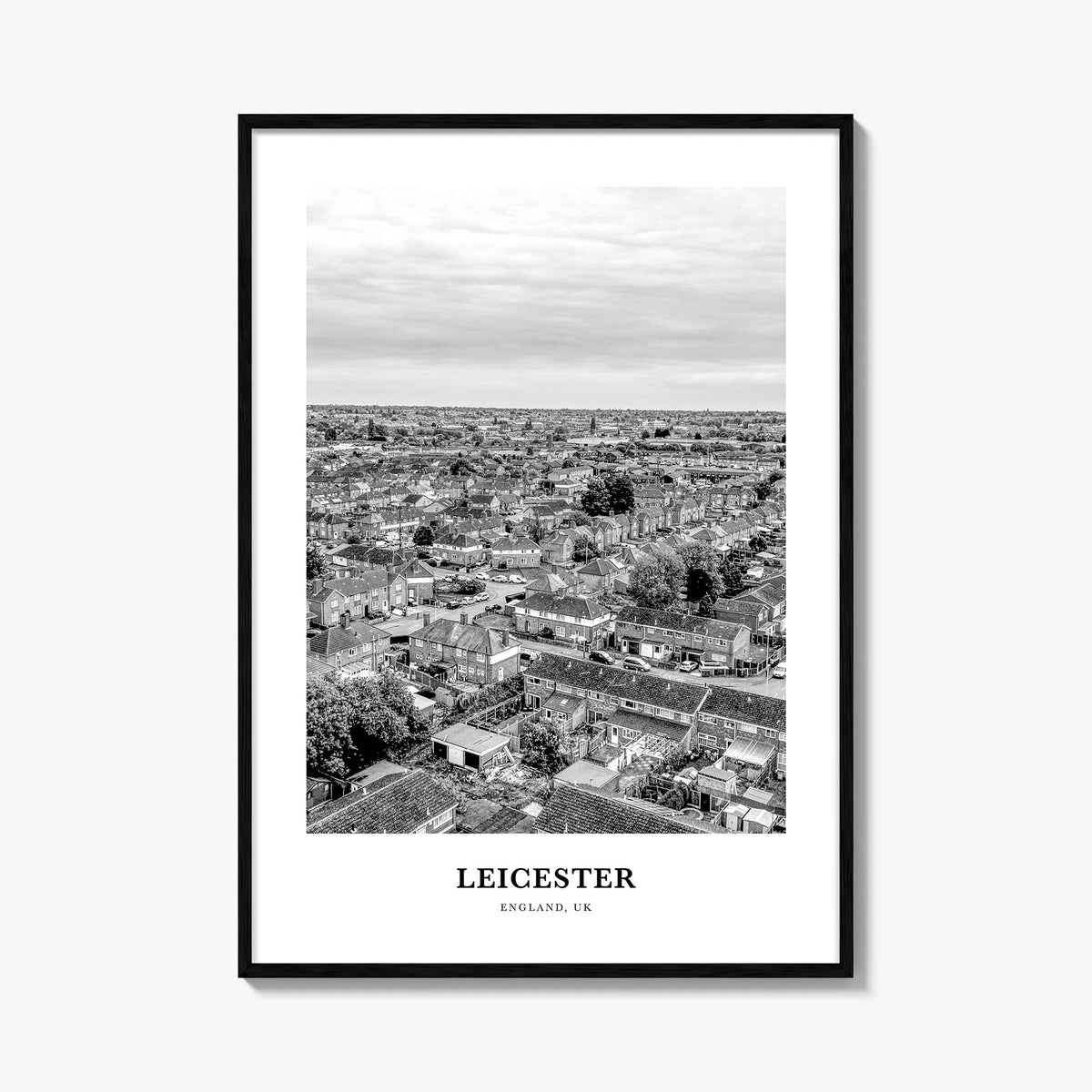 Leicester black & white classic poster of England, UK – vertical wall art, unframed print shown in interior mockup