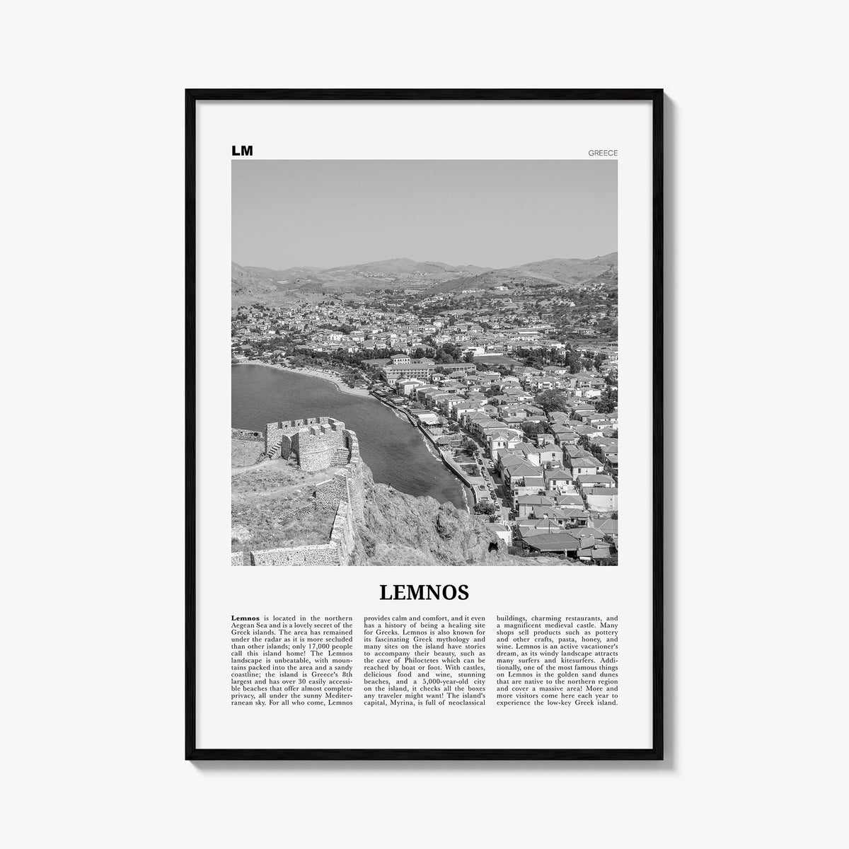 Lemnos black & white newspaper poster of Greece – vertical wall art, unframed print shown in interior mockup
