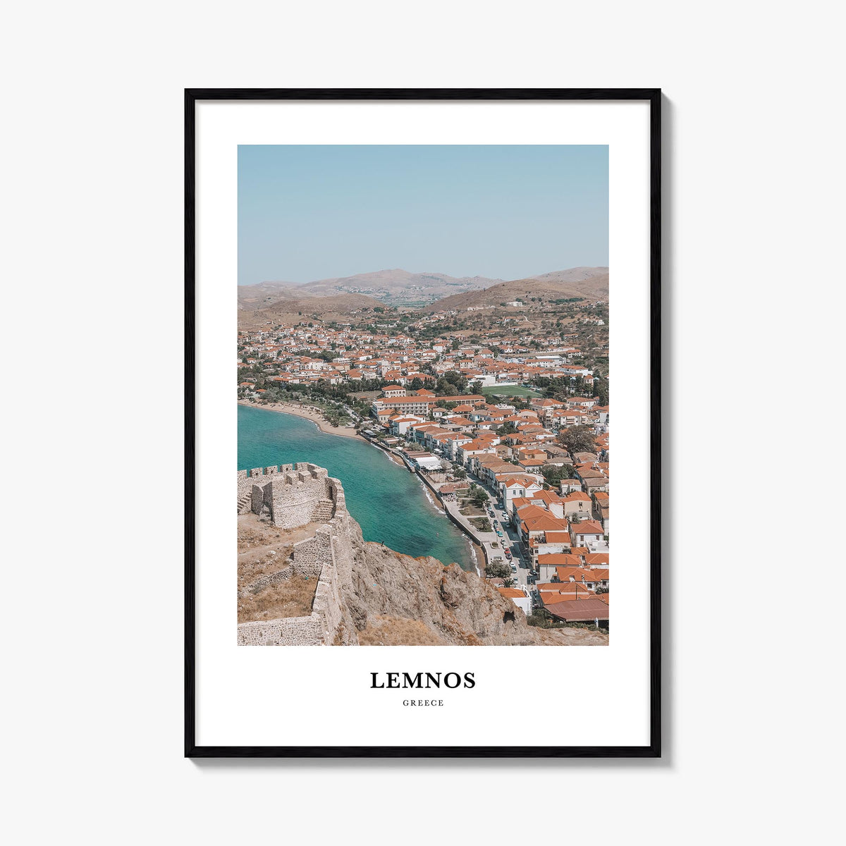 Lemnos colorful classic poster of Greece – vertical wall art, unframed print shown in interior mockup