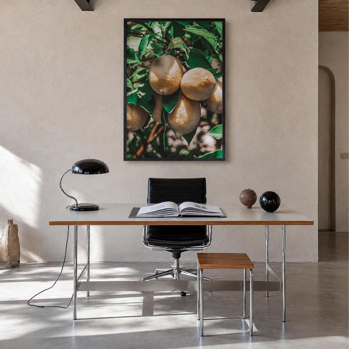 Lemon Tree colorful photo poster – vertical wall art in black wood frame, hanging on wall