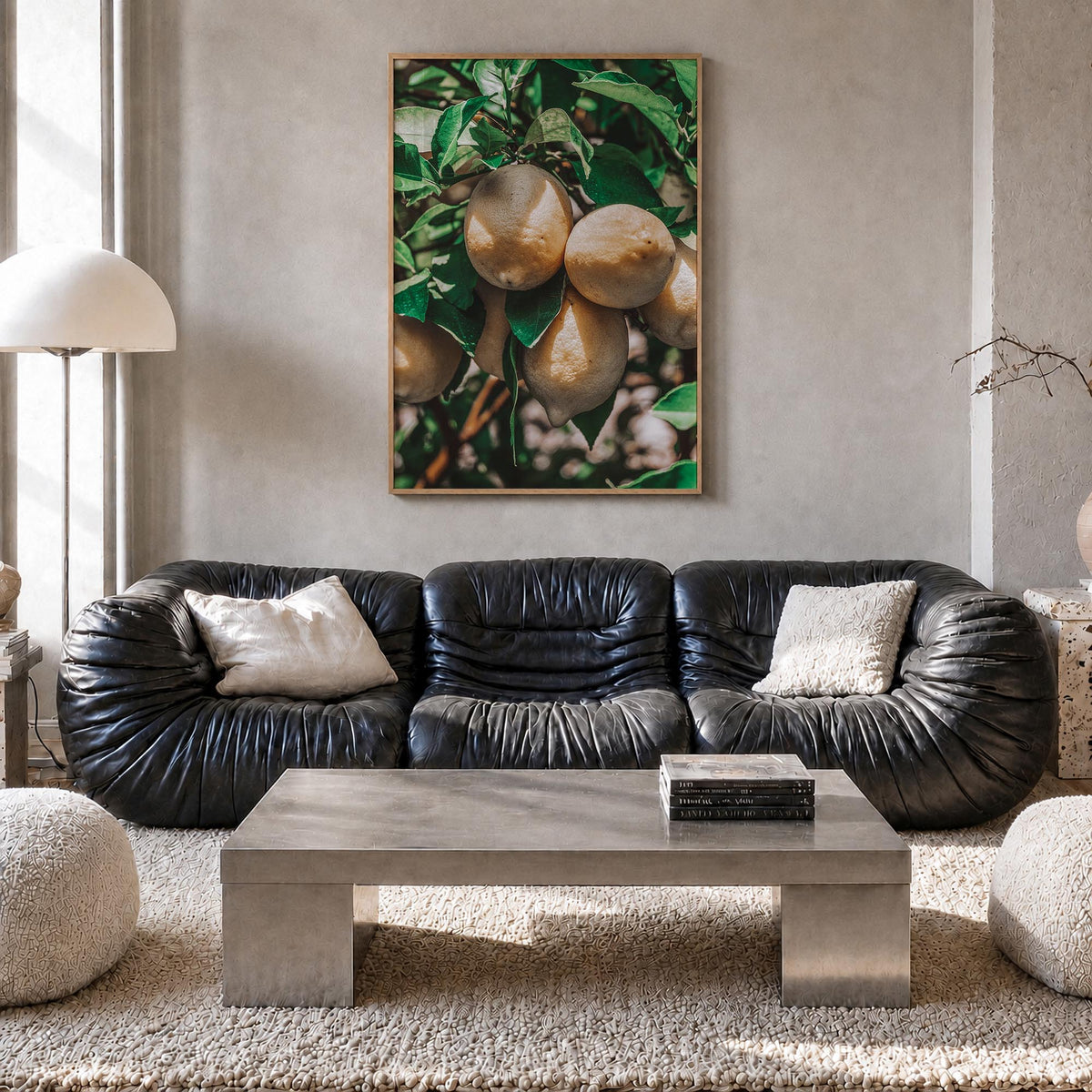 Lemon Tree colorful photo poster – vertical wall art in natural wood frame, hanging on wall