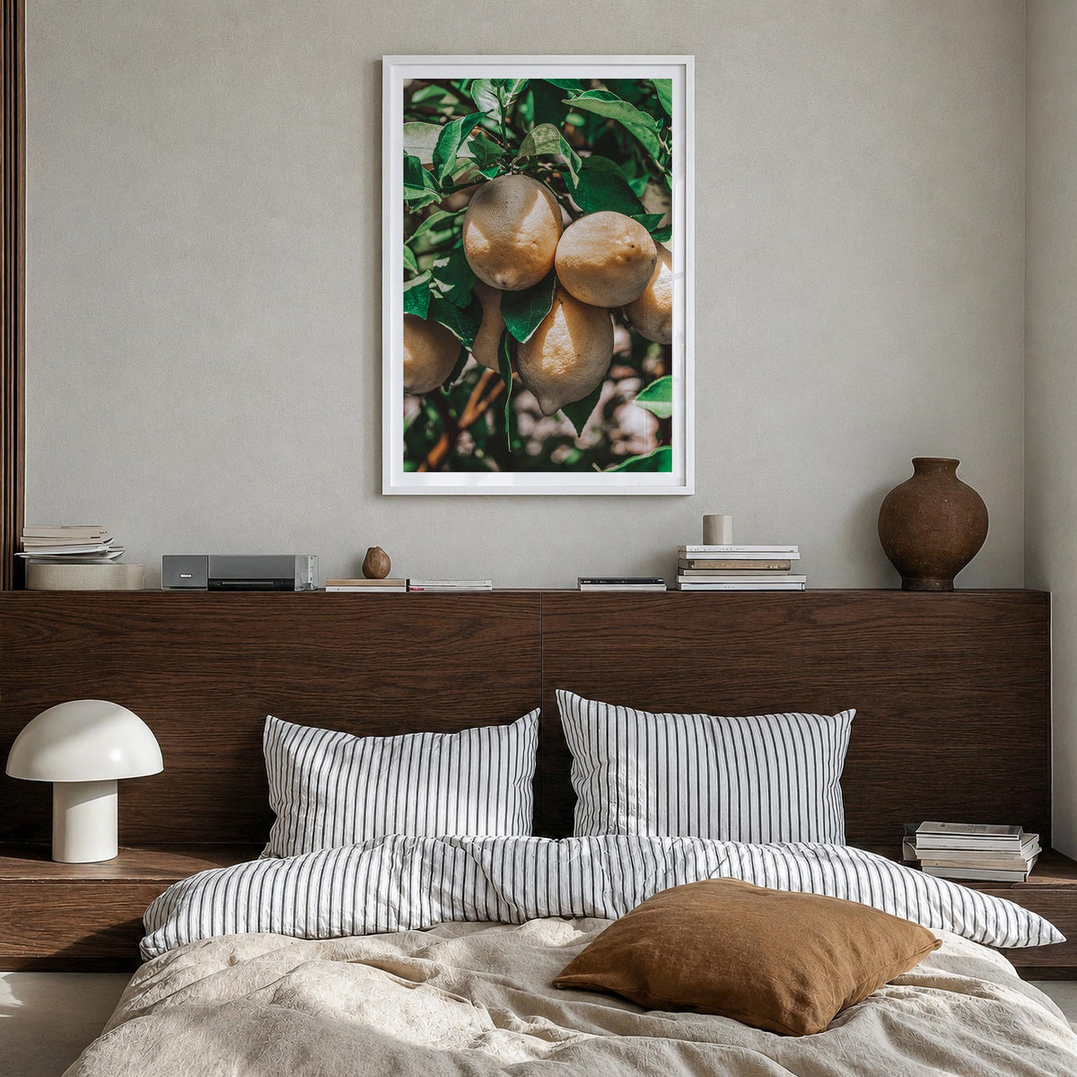 Lemon Tree colorful photo poster – vertical wall art in white wood frame with white border, hanging on wall