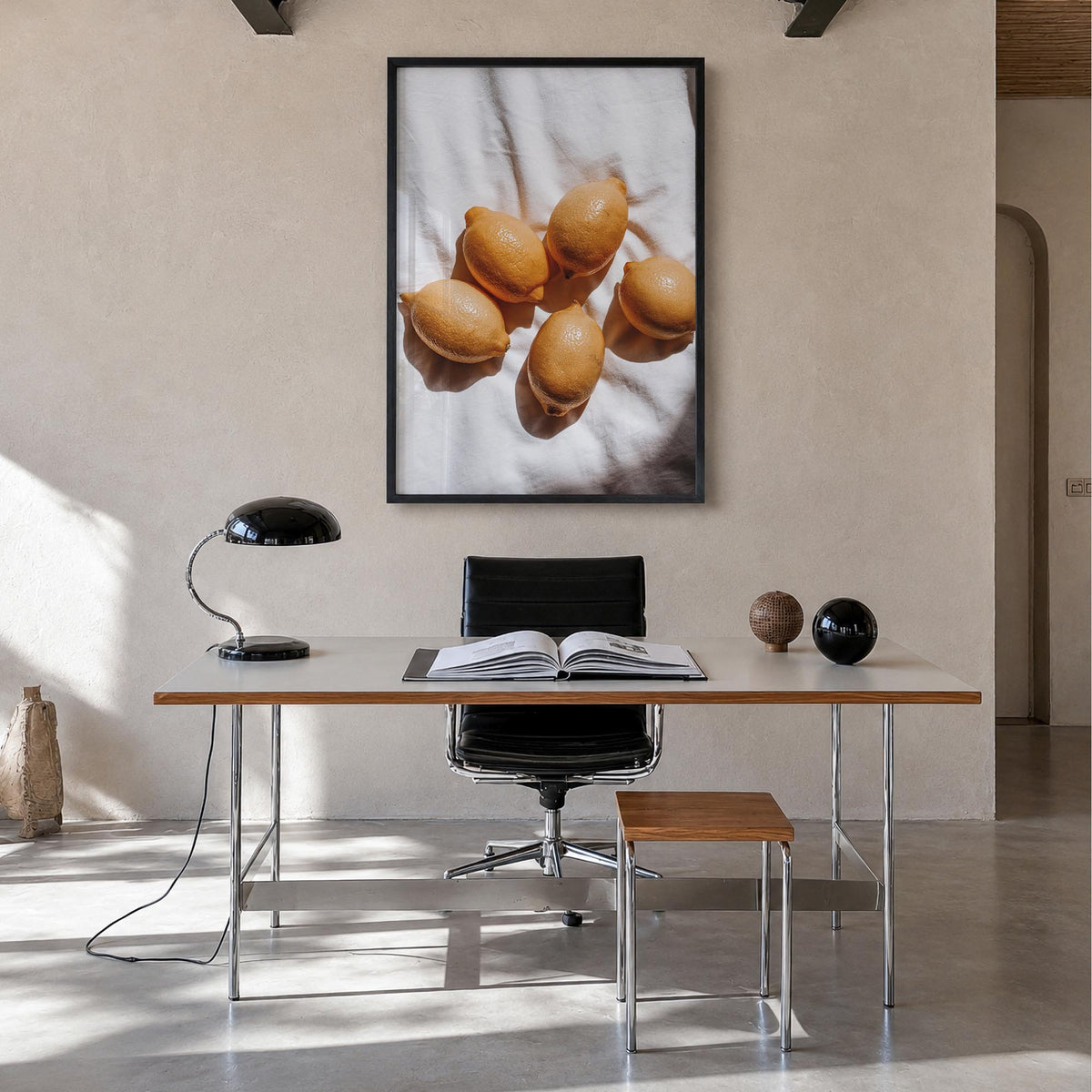 Lemons no. 2 colorful photo poster – vertical wall art in black wood frame, hanging on wall