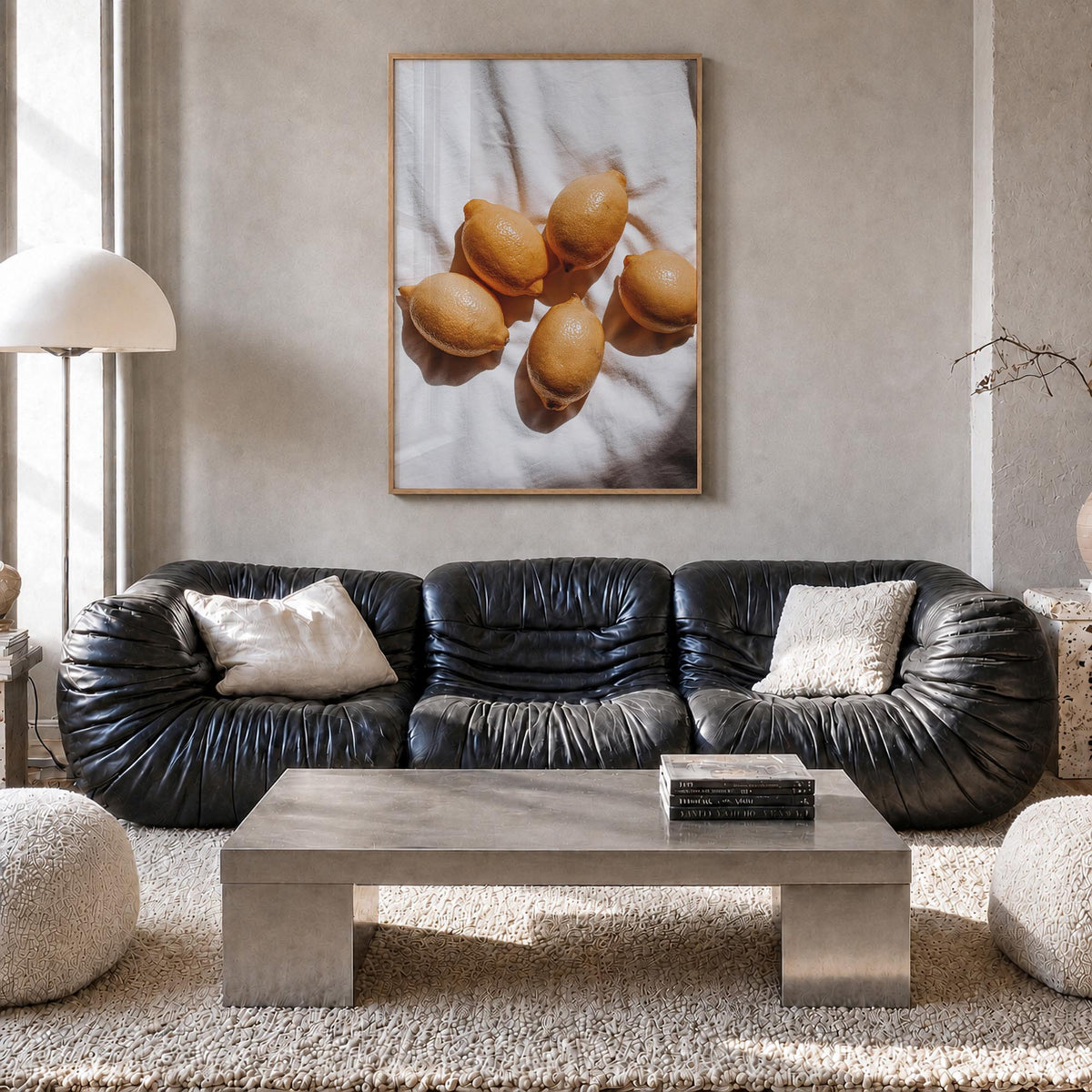 Lemons no. 2 colorful photo poster – vertical wall art in natural wood frame, hanging on wall