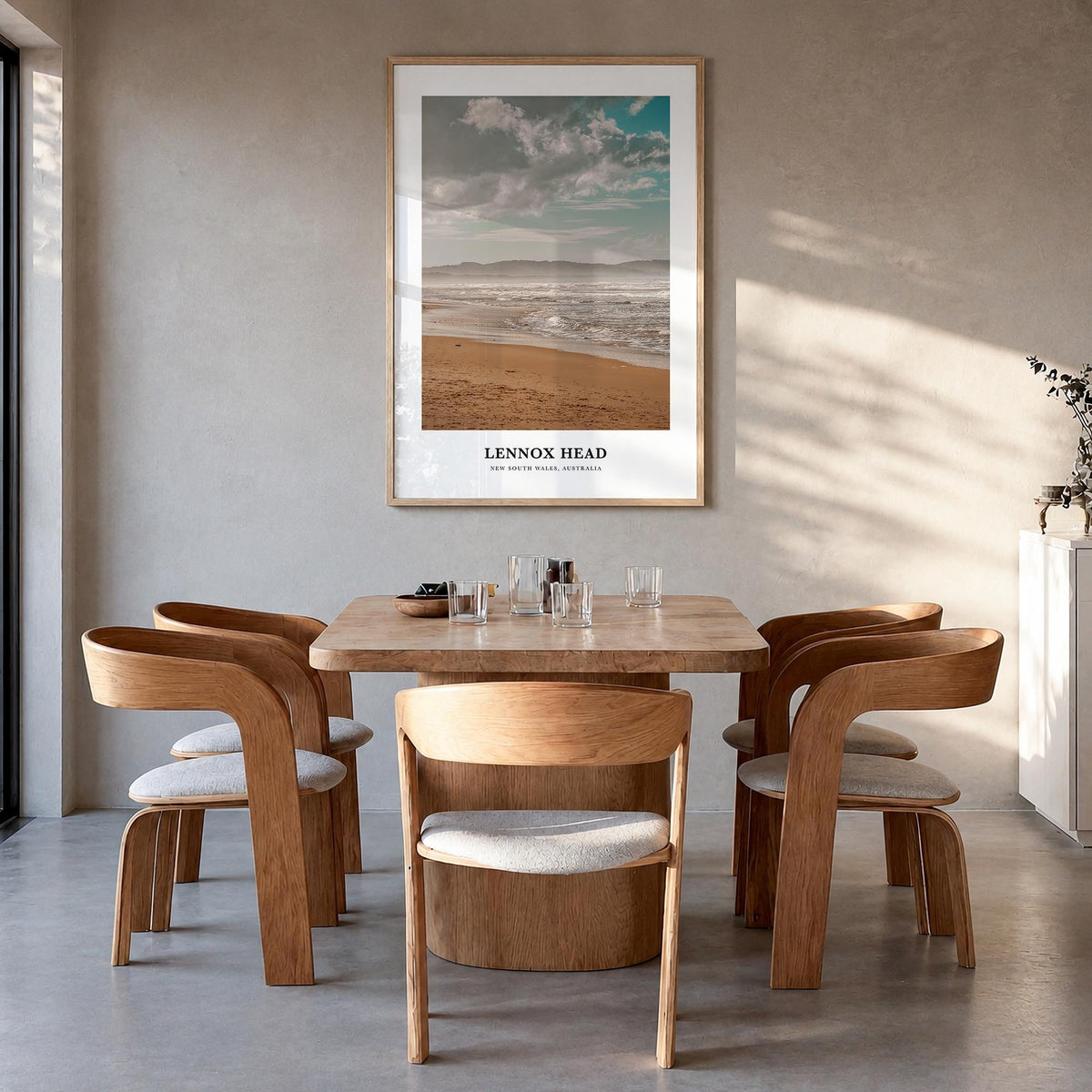 Lennox Head colorful classic poster of Australia – vertical wall art in natural wood frame, hanging on wall