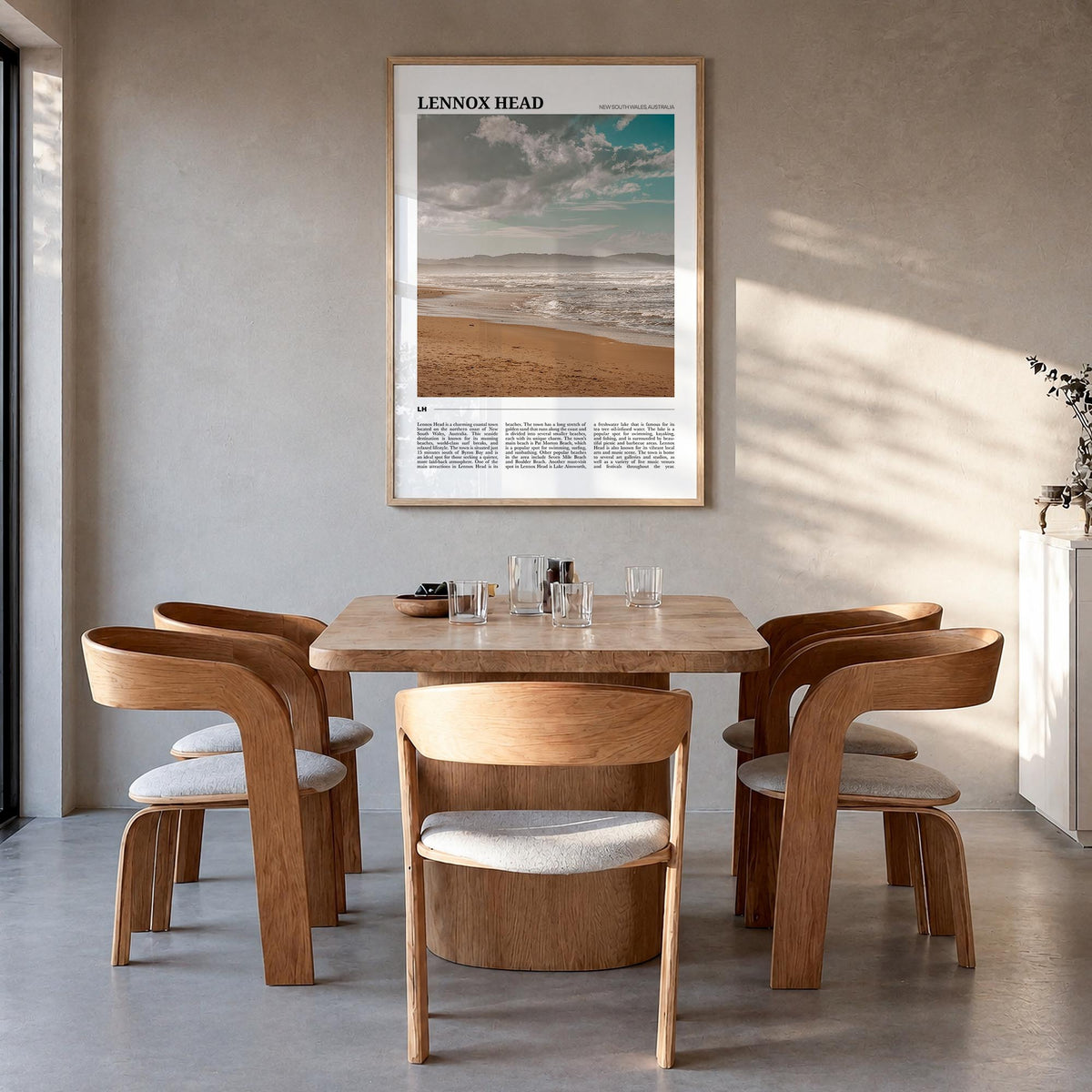 Lennox Head colorful travel poster of Australia – vertical wall art in natural wood frame, hanging on wall