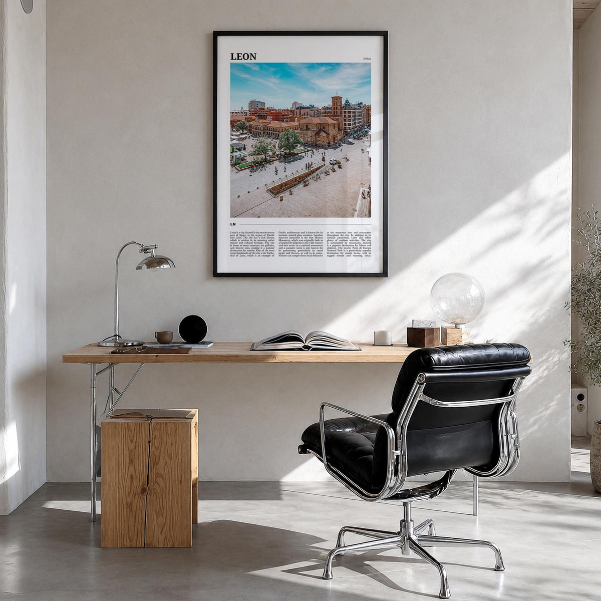 León no. 1 colorful travel poster of Spain – vertical wall art in black wood frame, hanging on wall