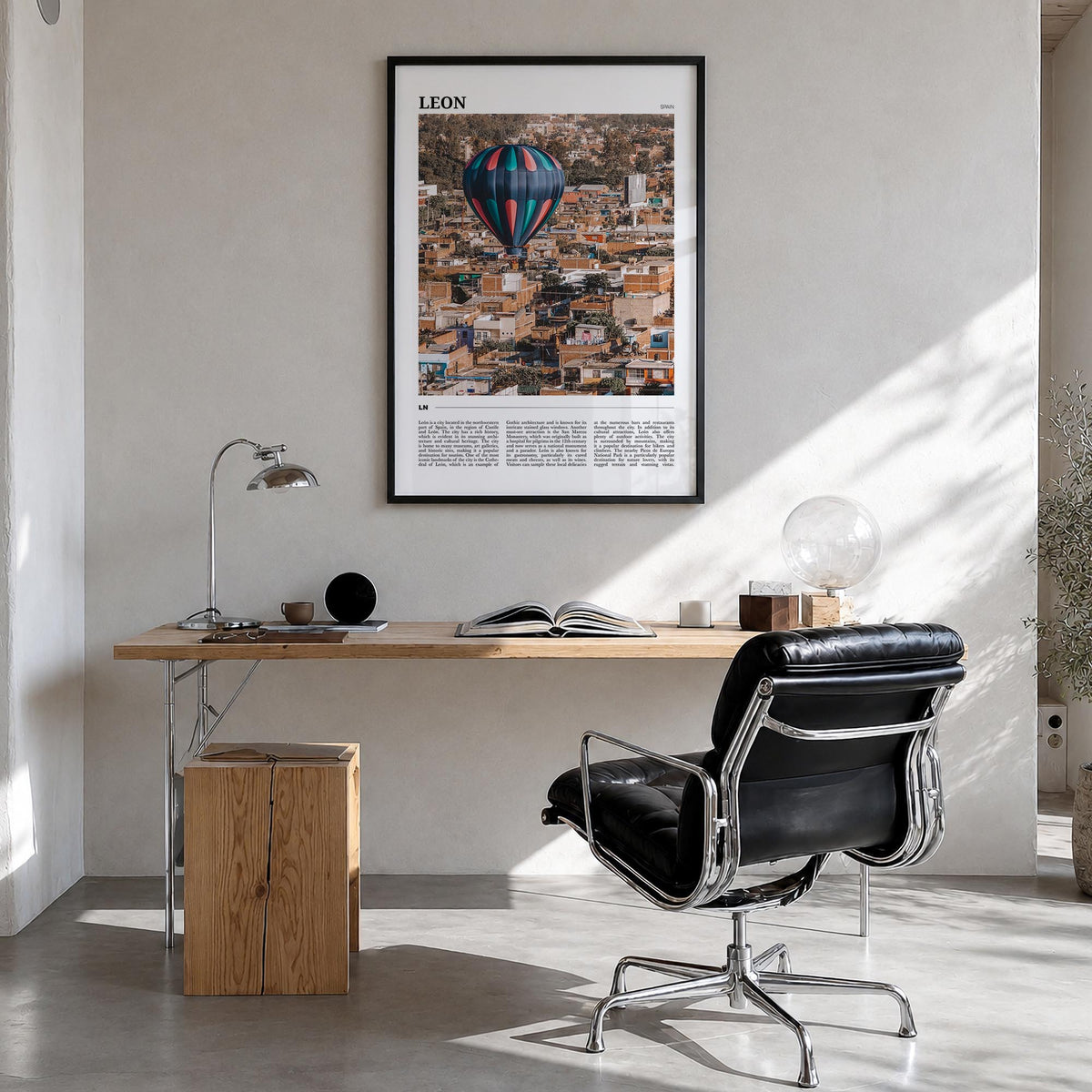 León no. 2 colorful travel poster of Spain – vertical wall art in black wood frame, hanging on wall