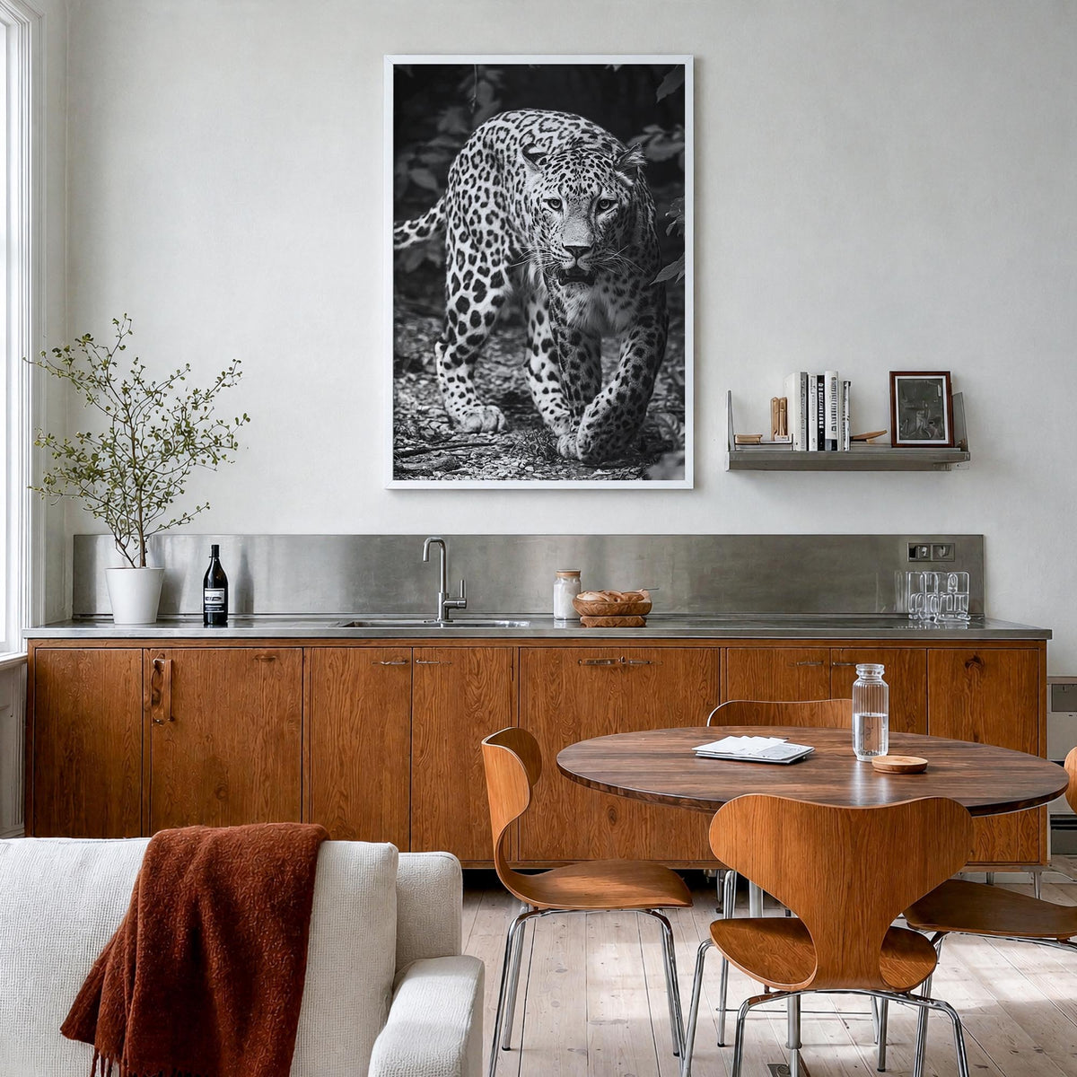 Leopard no. 1 black & white photo poster – vertical wall art in white wood frame, hanging on wall
