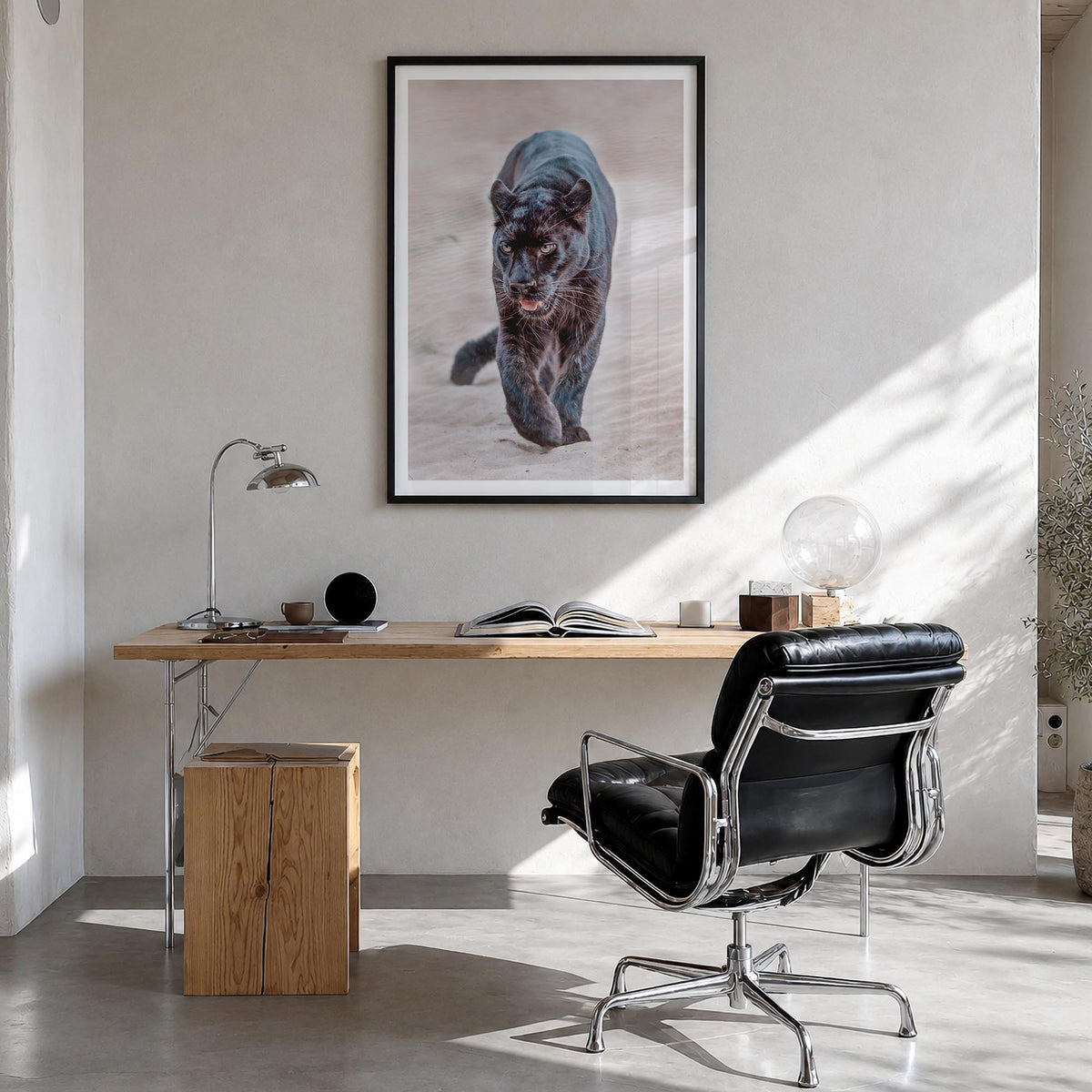 Leopard no. 1 colorful photo poster – vertical wall art in black wood frame with white border, hanging on wall