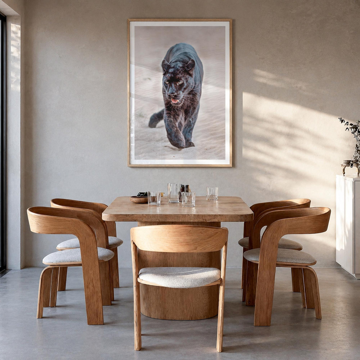 Leopard no. 1 colorful photo poster – vertical wall art in natural wood frame with white border, hanging on wall