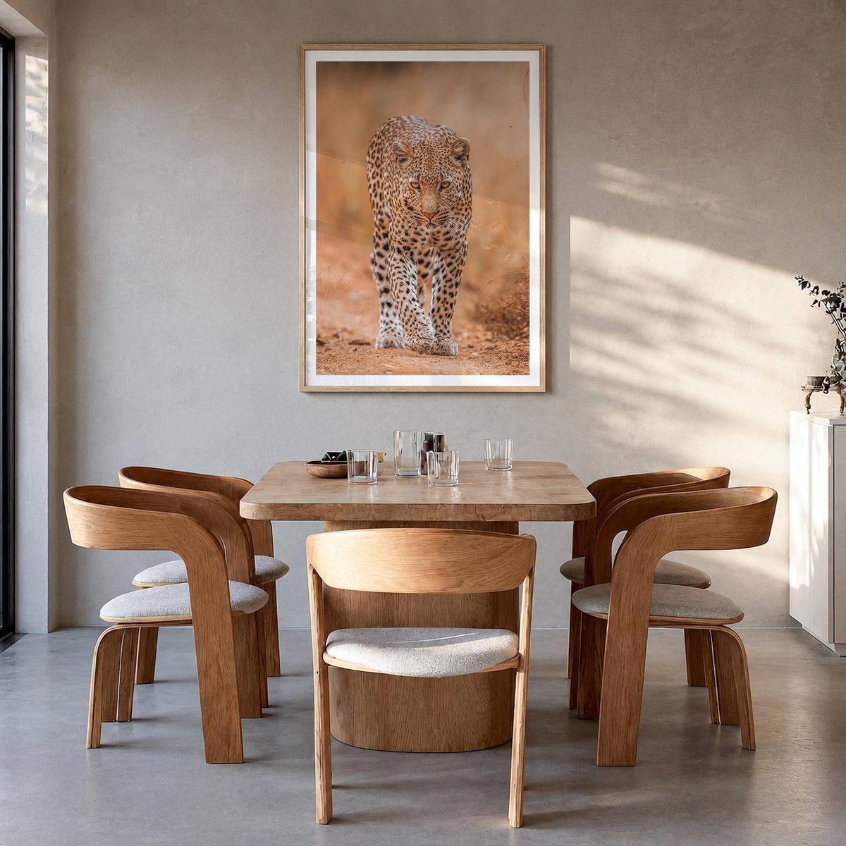 Leopard no. 2 colorful photo poster – vertical wall art in natural wood frame with white border, hanging on wall