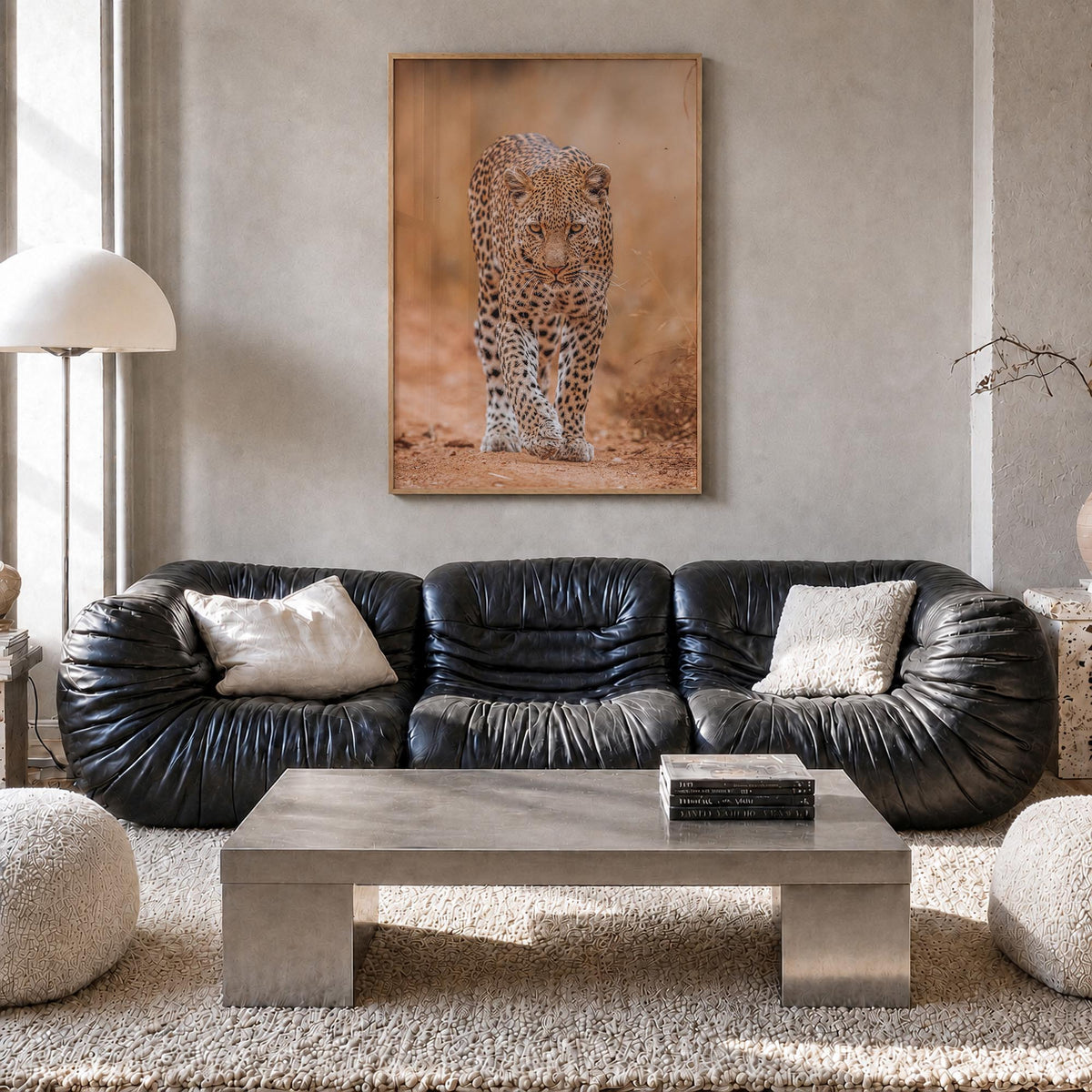 Leopard no. 2 colorful photo poster – vertical wall art in natural wood frame, hanging on wall