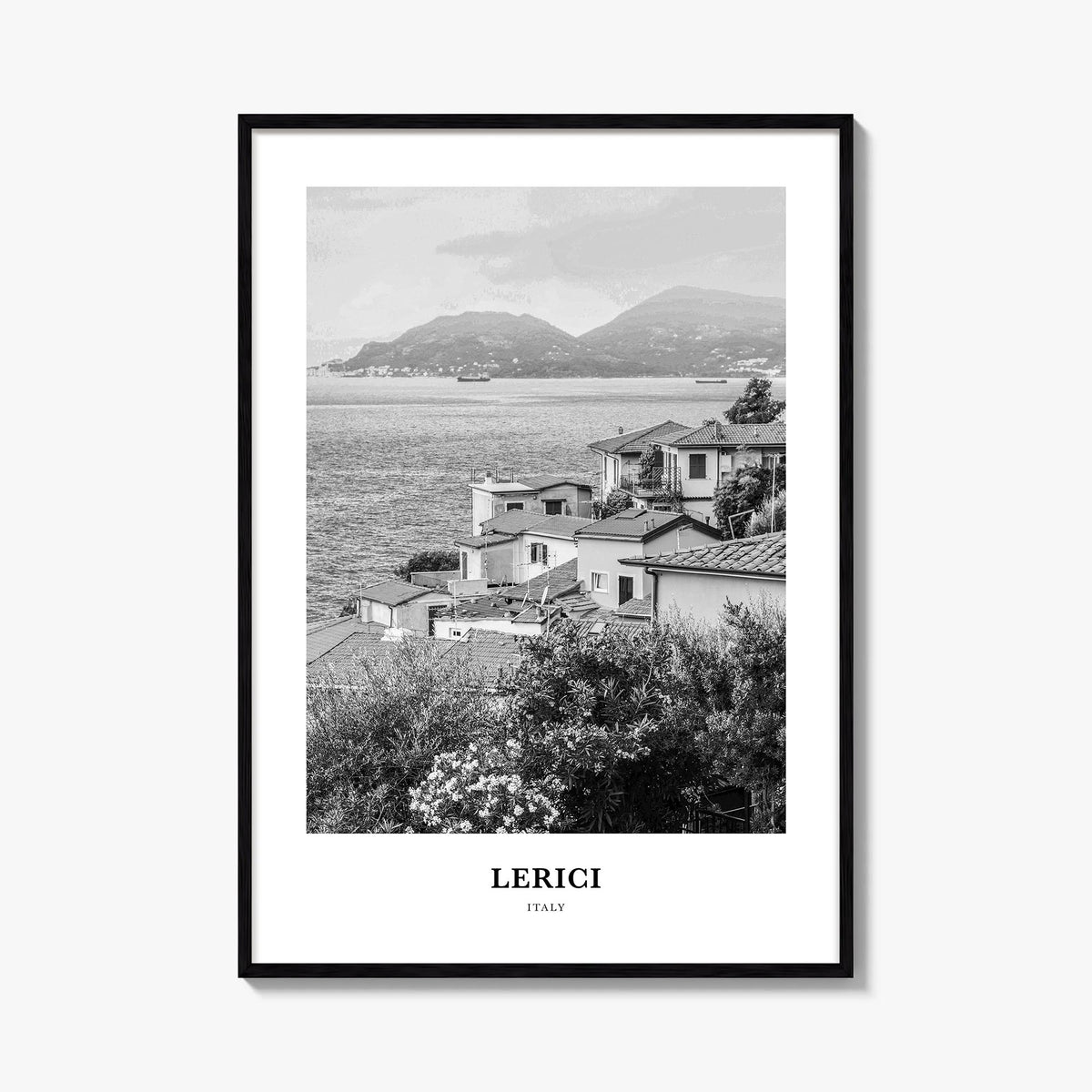 Lerici black & white classic poster of Italy – vertical wall art, unframed print shown in interior mockup