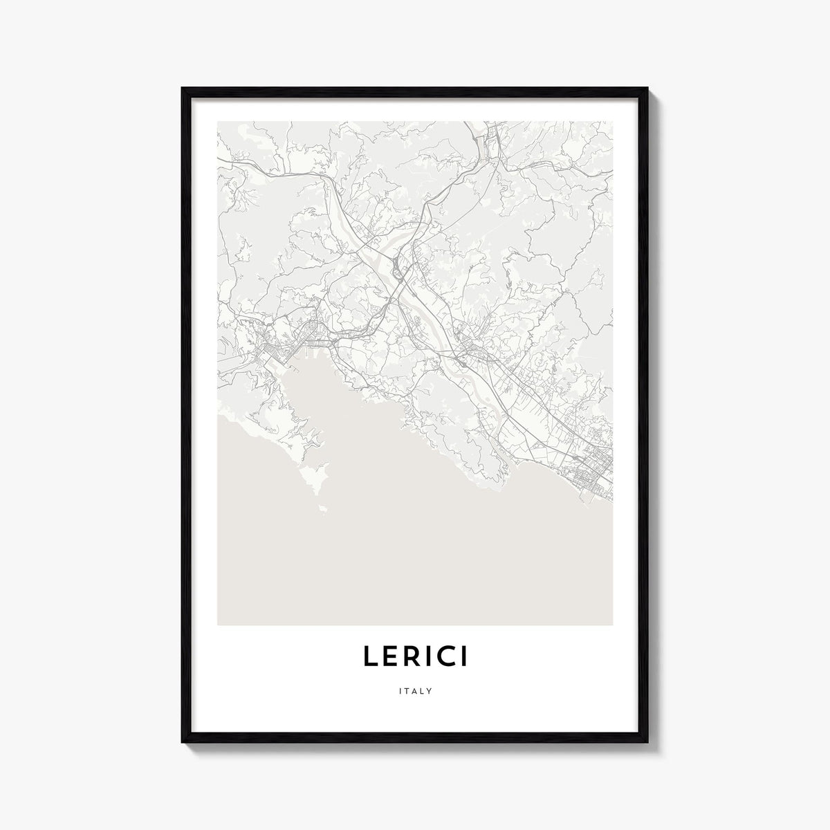 Lerici black & white map poster of Italy – vertical wall art, unframed print shown in interior mockup