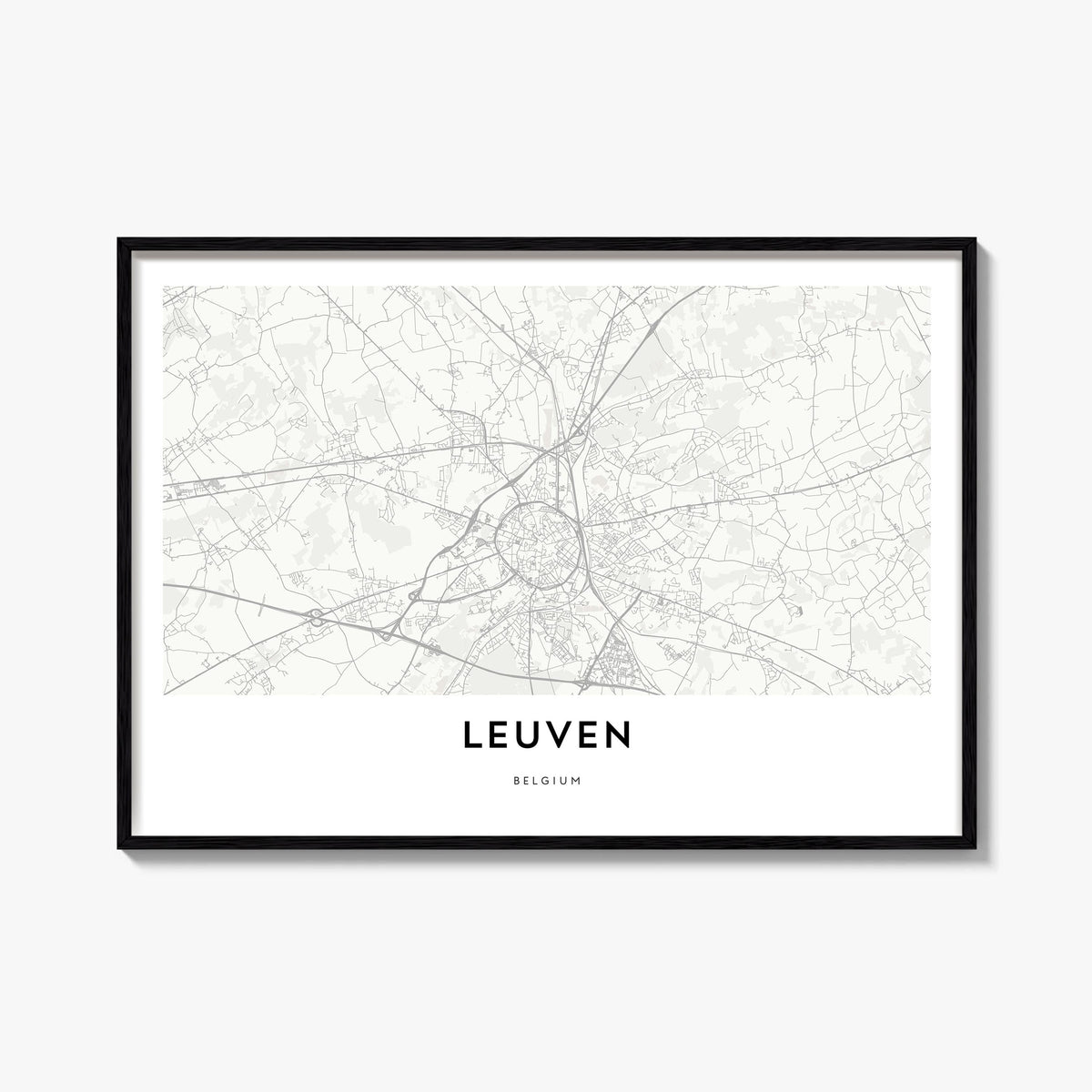 Leuven black & white map poster of Belgium – horizontal wall art, unframed print shown in interior mockup