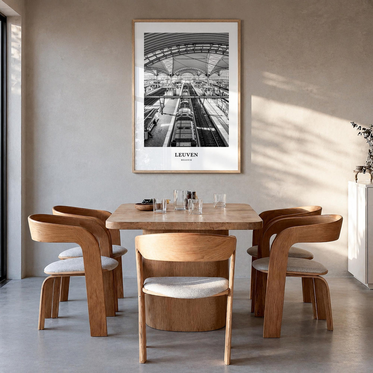Leuven no. 2 black & white classic poster of Belgium – vertical wall art in natural wood frame, hanging on wall