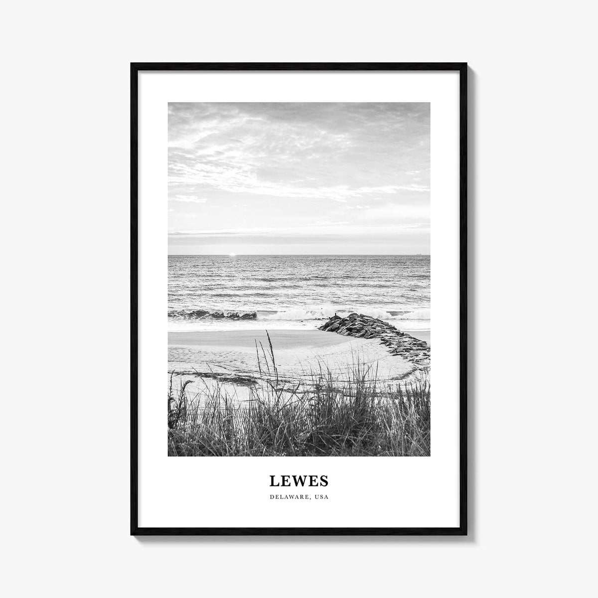 Lewes black & white classic poster of Delaware, USA – vertical wall art, unframed print shown in interior mockup