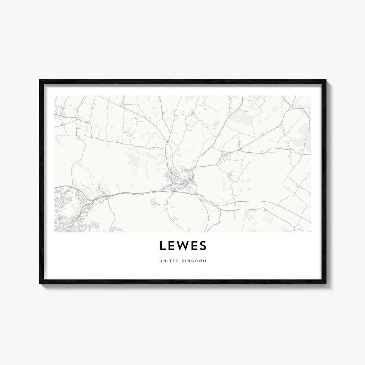Lewes black & white map poster of Delaware, USA – horizontal wall art, unframed print shown in interior mockup
