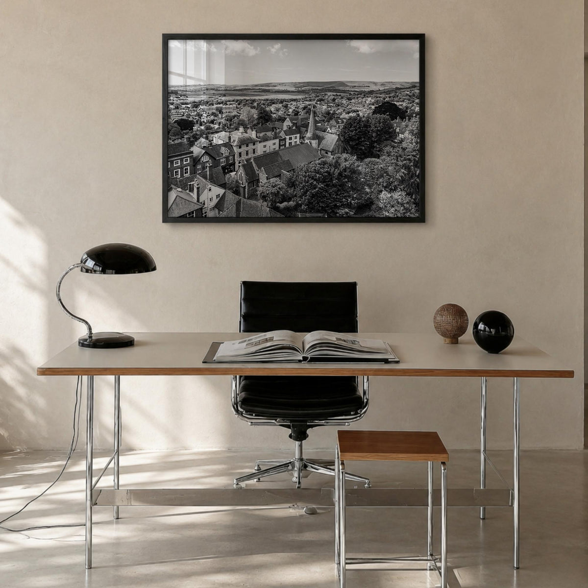 Lewes black & white photo poster of Delaware, USA – horizontal wall art in black wood frame, hanging on wall