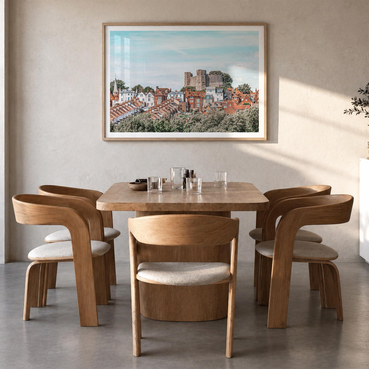 Lewes colorful photo poster of Delaware, USA – horizontal wall art in natural wood frame with white border, hanging on wall