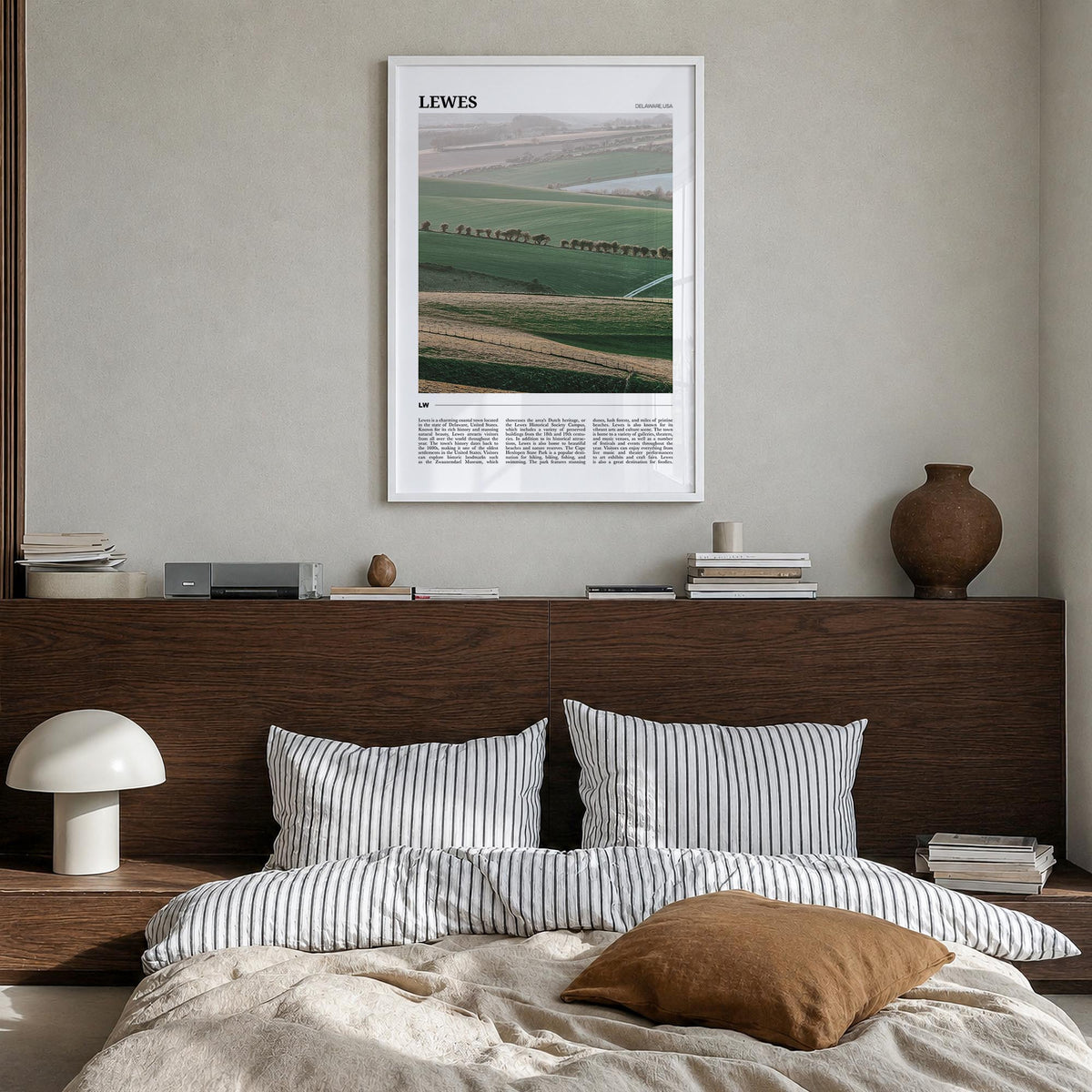 Lewes colorful travel poster of Delaware, USA – vertical wall art in white wood frame, hanging on wall