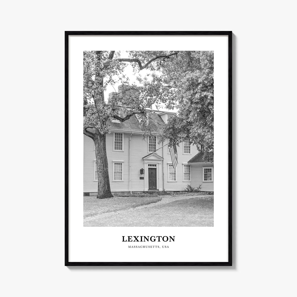 Lexington, Massachusetts black & white classic poster of Massachusetts, USA – vertical wall art, unframed print shown in inte