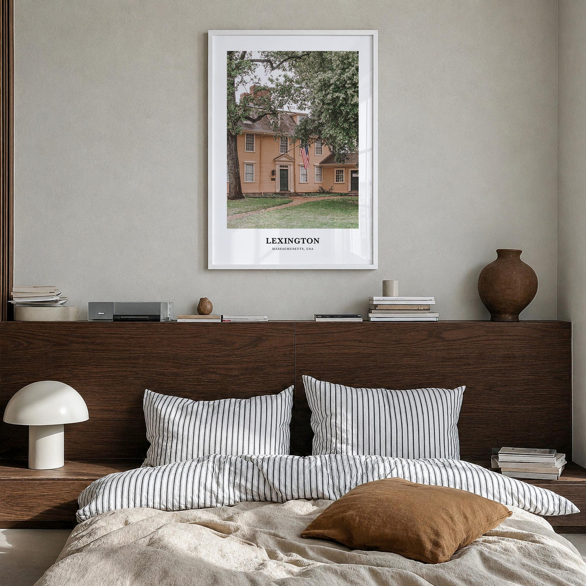 Lexington, Massachusetts colorful classic poster of Massachusetts, USA – vertical wall art in white wood frame, hanging on wa