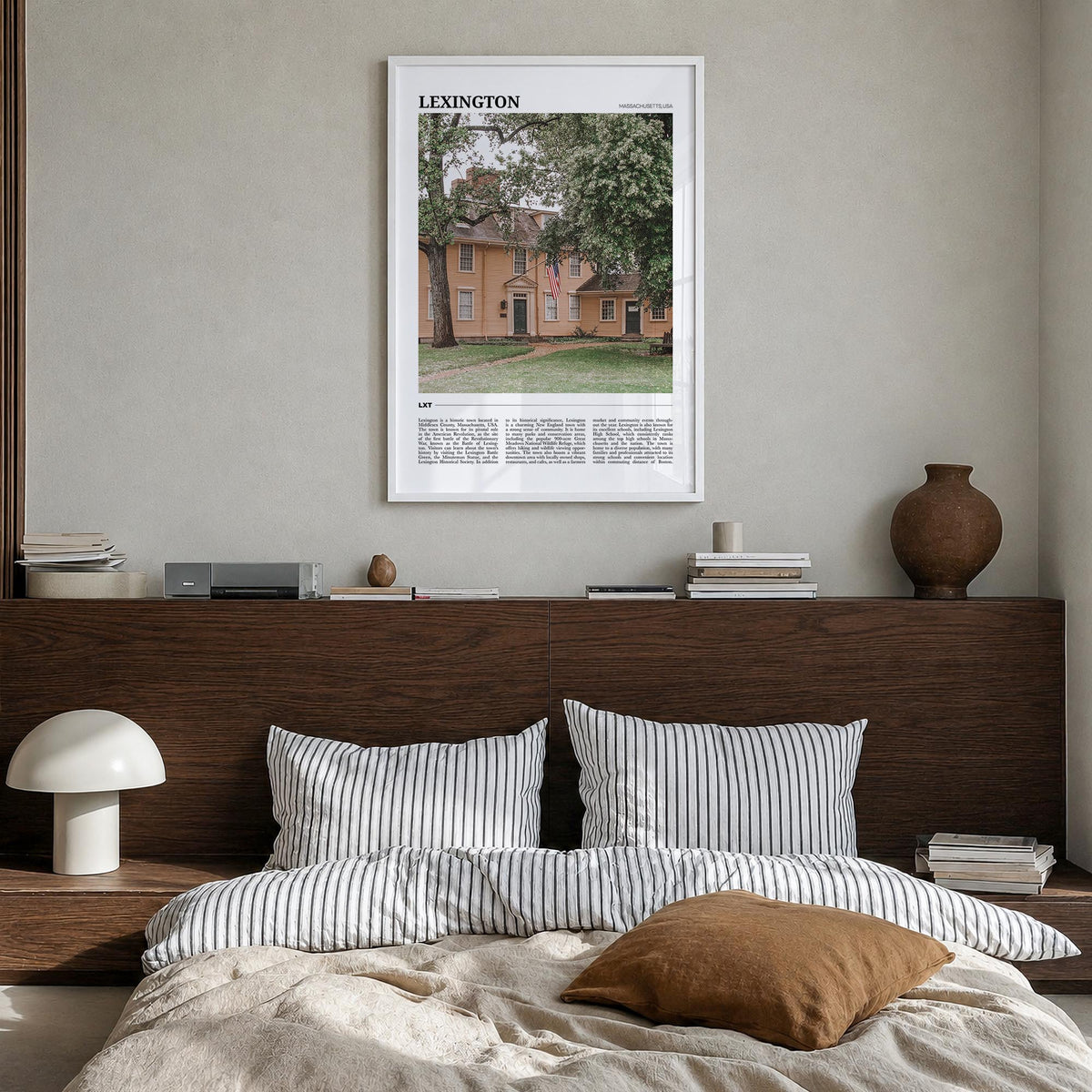 Lexington, Massachusetts colorful travel poster of Massachusetts, USA – vertical wall art in white wood frame, hanging on wal