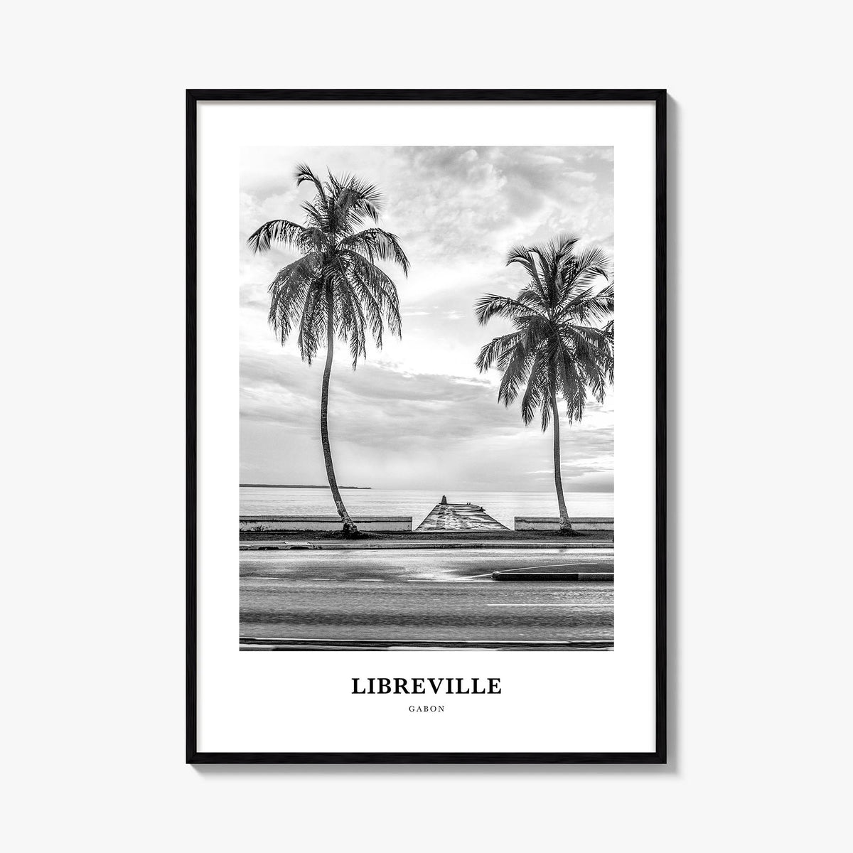 Libreville black & white classic poster of Gabon – vertical wall art, unframed print shown in interior mockup