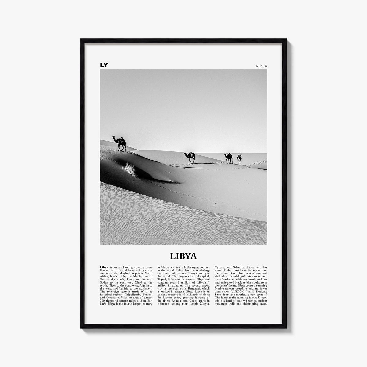 Libya black & white newspaper poster of Africa – vertical wall art, unframed print shown in interior mockup