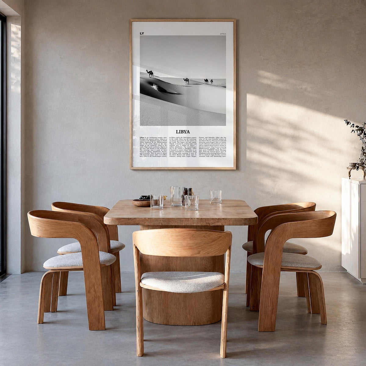 Libya black & white newspaper poster of Africa – vertical wall art in natural wood frame, hanging on wall