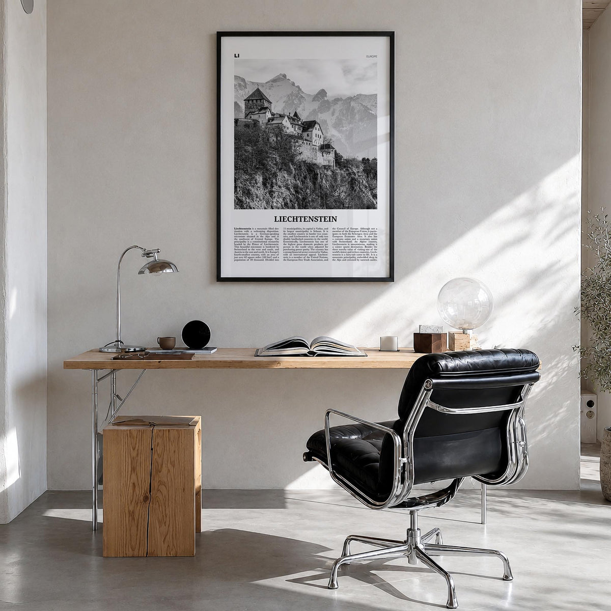 Liechtenstein black & white newspaper poster of Europe – vertical wall art in black wood frame, hanging on wall