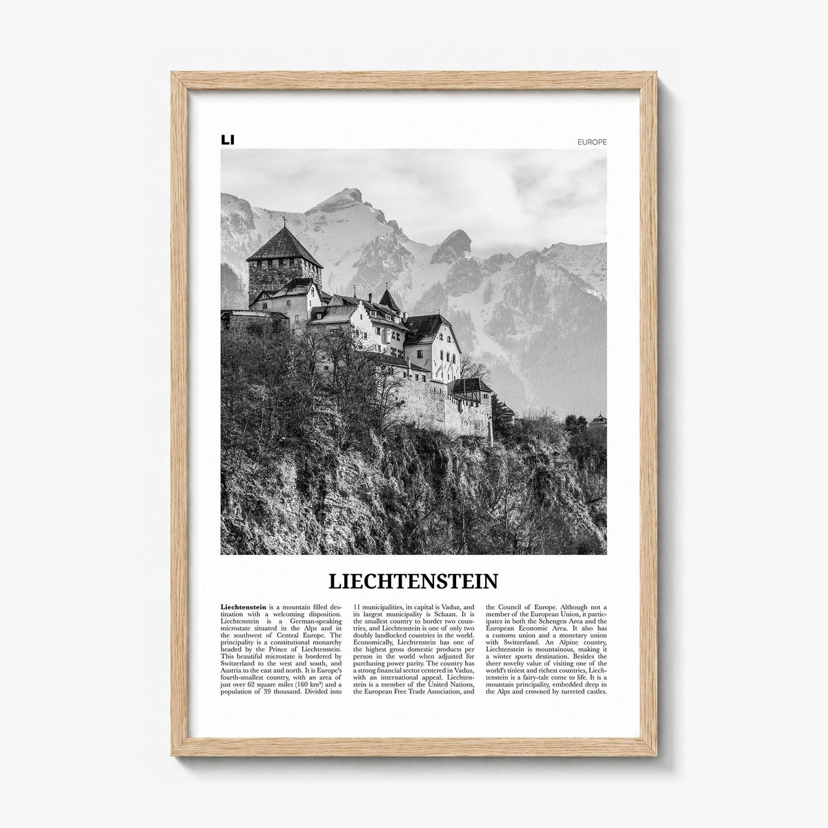 Liechtenstein Newspaper Poster in a natural wood frame