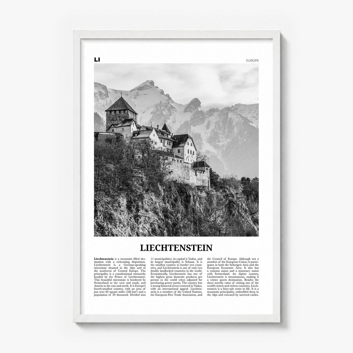 Liechtenstein Newspaper Poster in a white wood frame