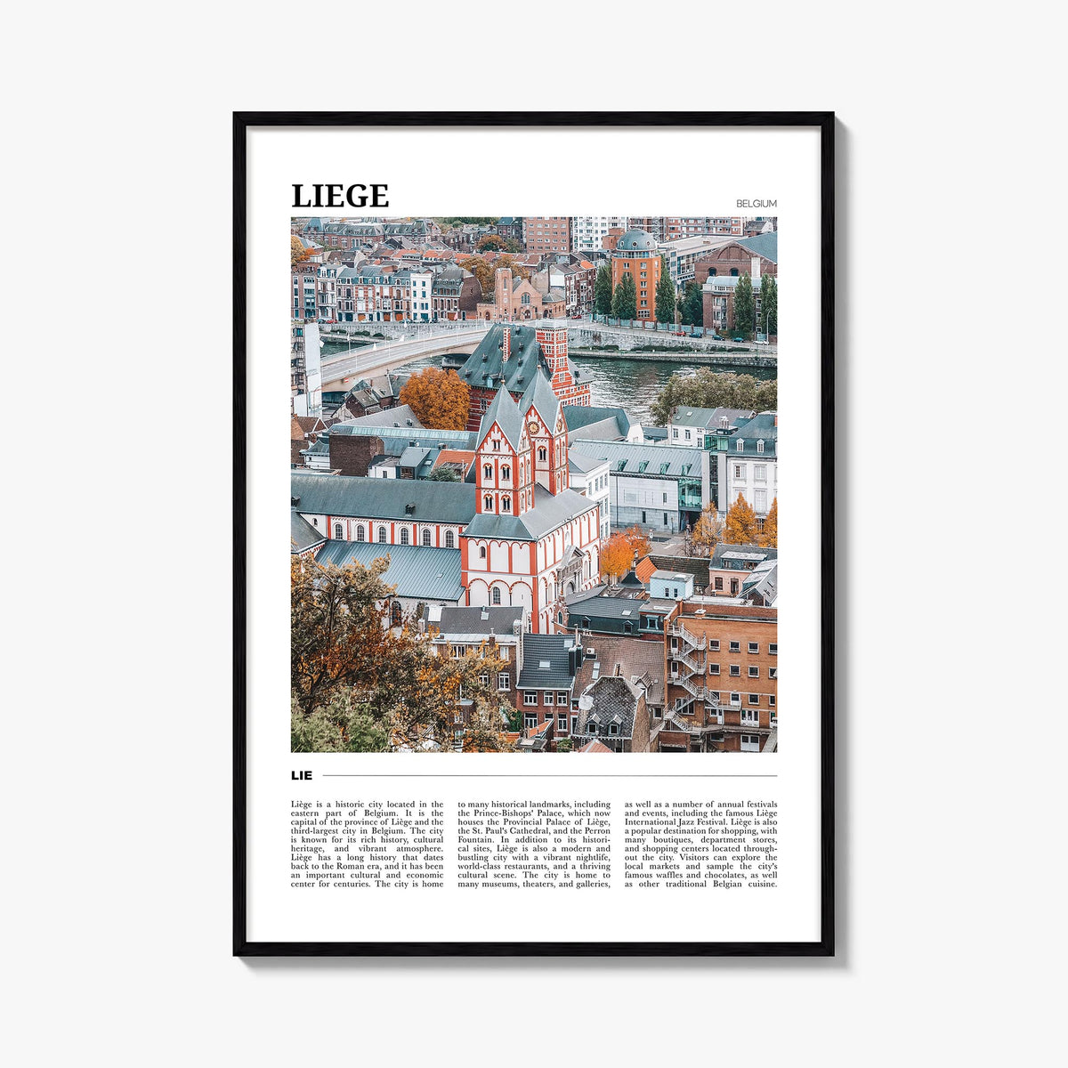 Liege colorful travel poster of Belgium – vertical wall art, unframed print shown in interior mockup