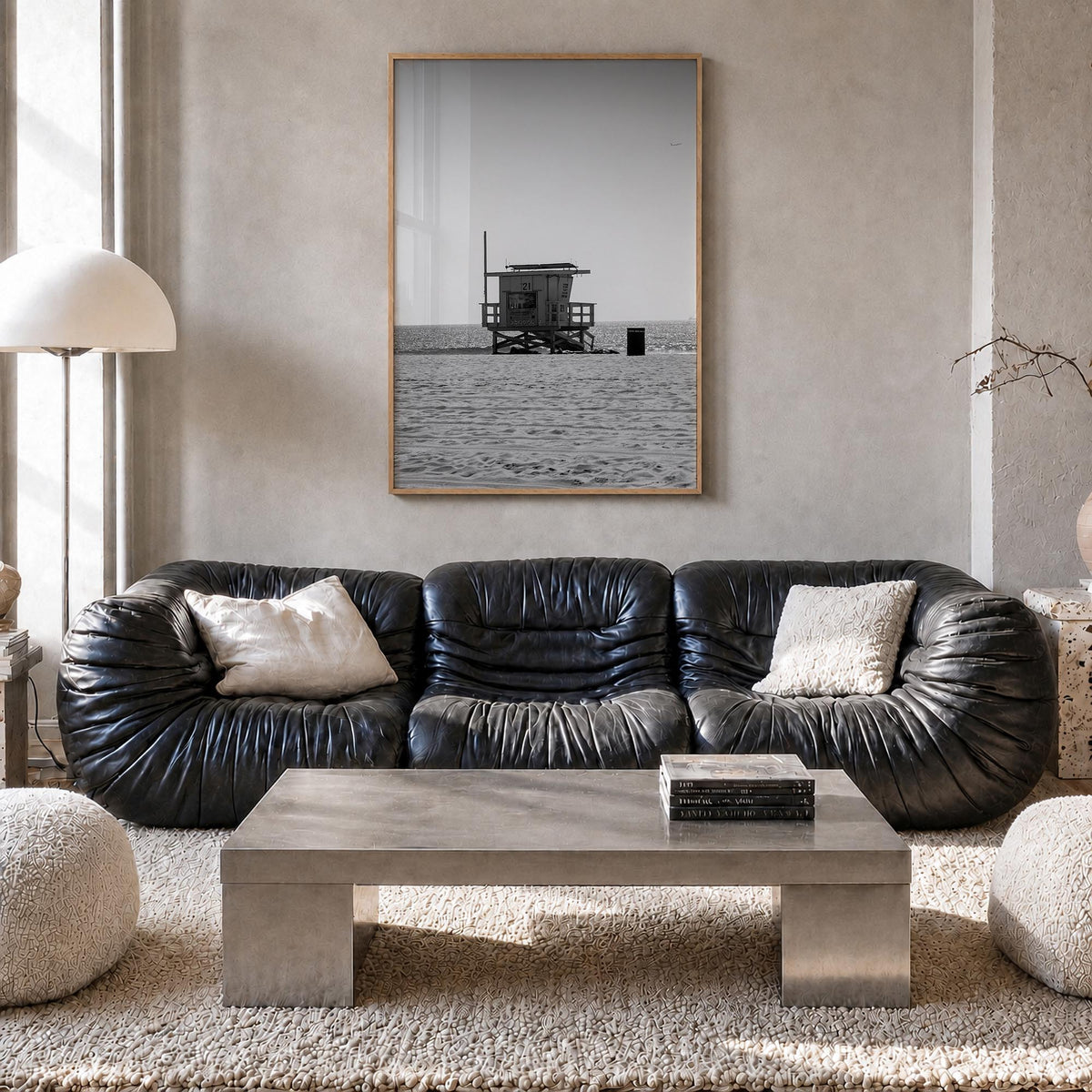 Lifeguard Stand no. 1 black & white photo poster – vertical wall art in natural wood frame, hanging on wall