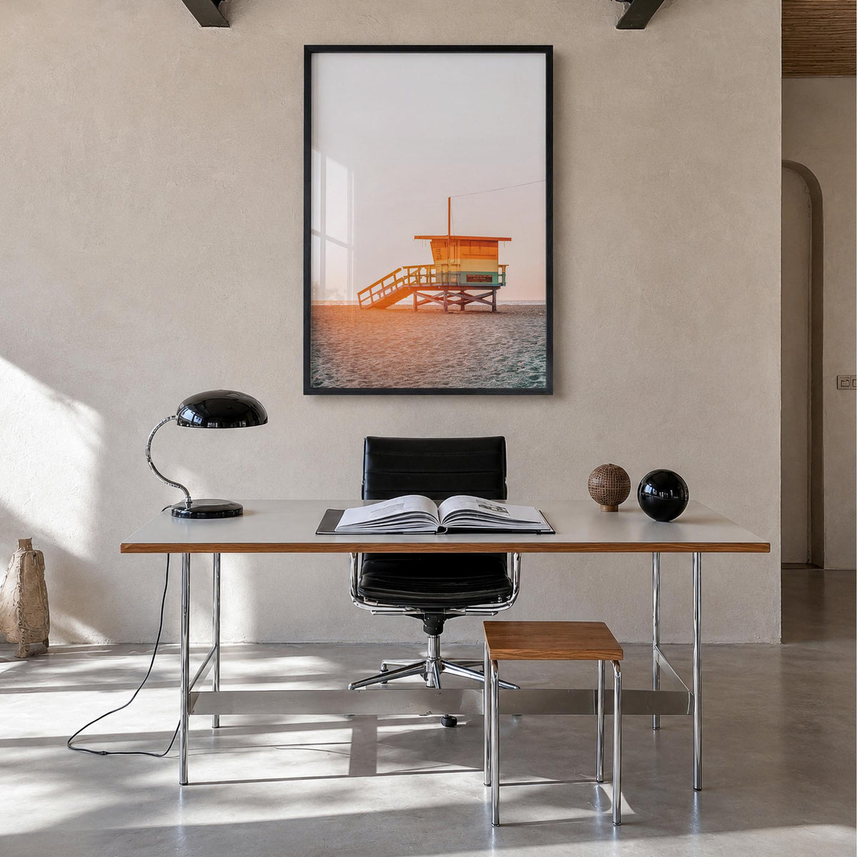Lifeguard Stand no. 2 colorful photo poster – vertical wall art in black wood frame, hanging on wall